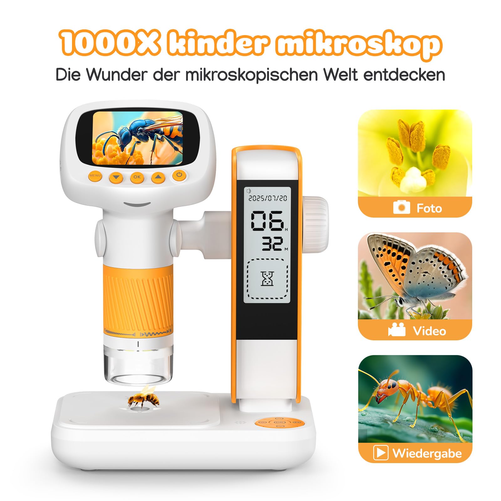 Leipan Microscopio digitale per bambini 2 in 1 con supporto per timer, ingrandimento 1000x, palmare/desktop, schermo IPS da 2", connessione USB PC, 12 vetrine, 8 LED, per laboratorio educativo, età 4