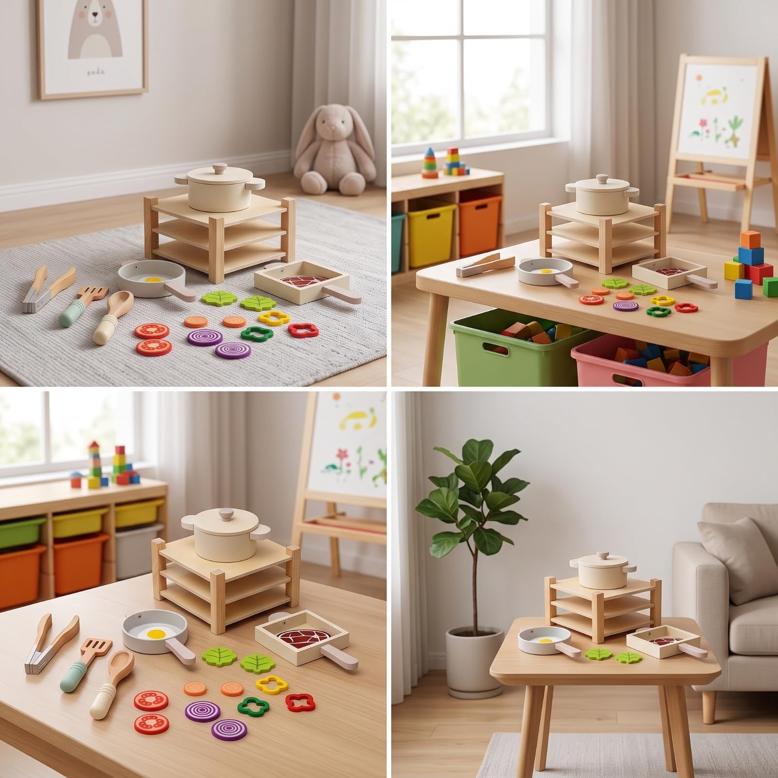 Dînette en Bois avec Étagère D'imitation Équipement Culinaire Cuisine en Bois Éducatif Ensemble Cuisine avec Casseroles et Poêles pour Enfants