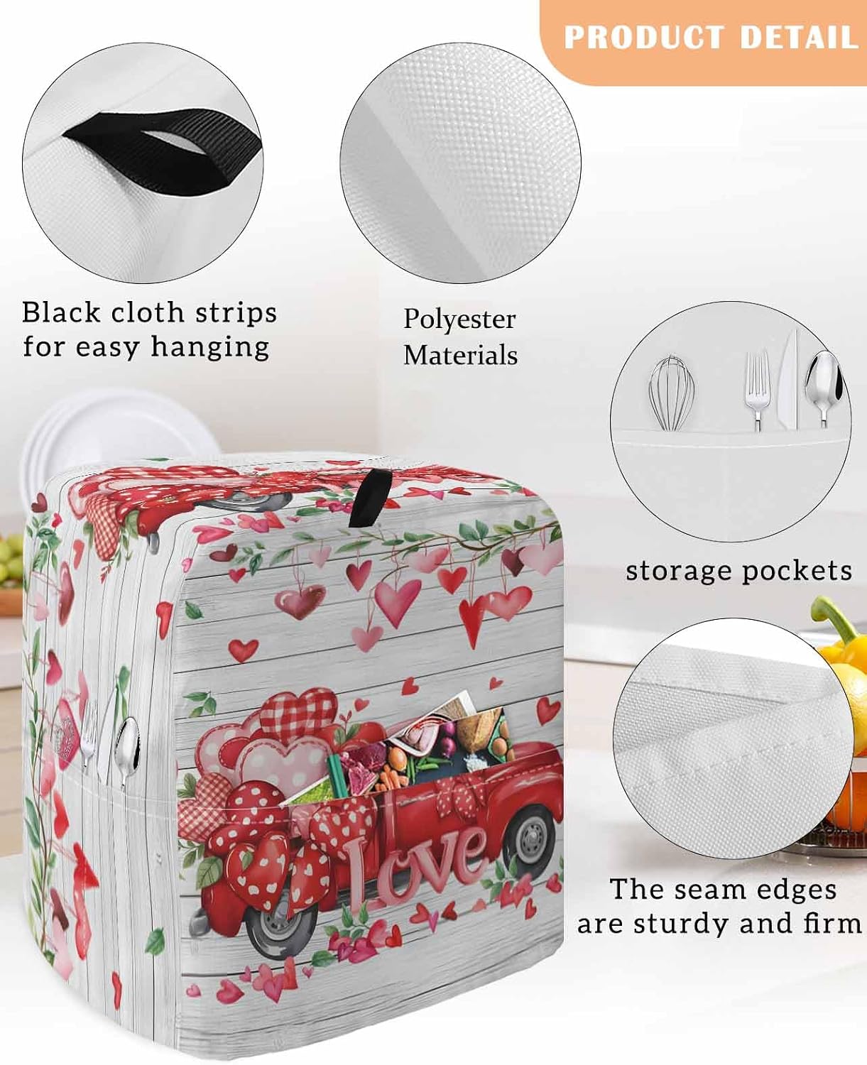 Stand Mixer Cover with Storage Pocket, Valentine's Day Waterproof Kitchen Mixer Covers, Red Love Hearts Car Romantic Grey Wooden Kitchen Appliance Dust Cover Compatible with 4/4.5 Quart Mixers
