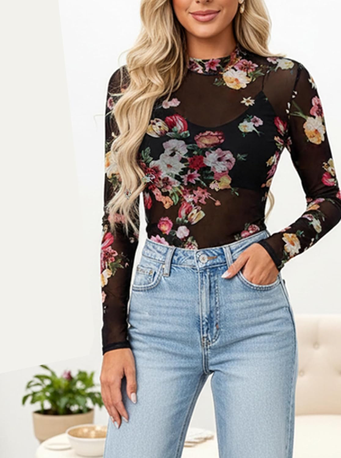 Floral Mesh Long Sleeve Tops for Women Mock Neck See Through Fitted Sexy Going Out Top - Image 6