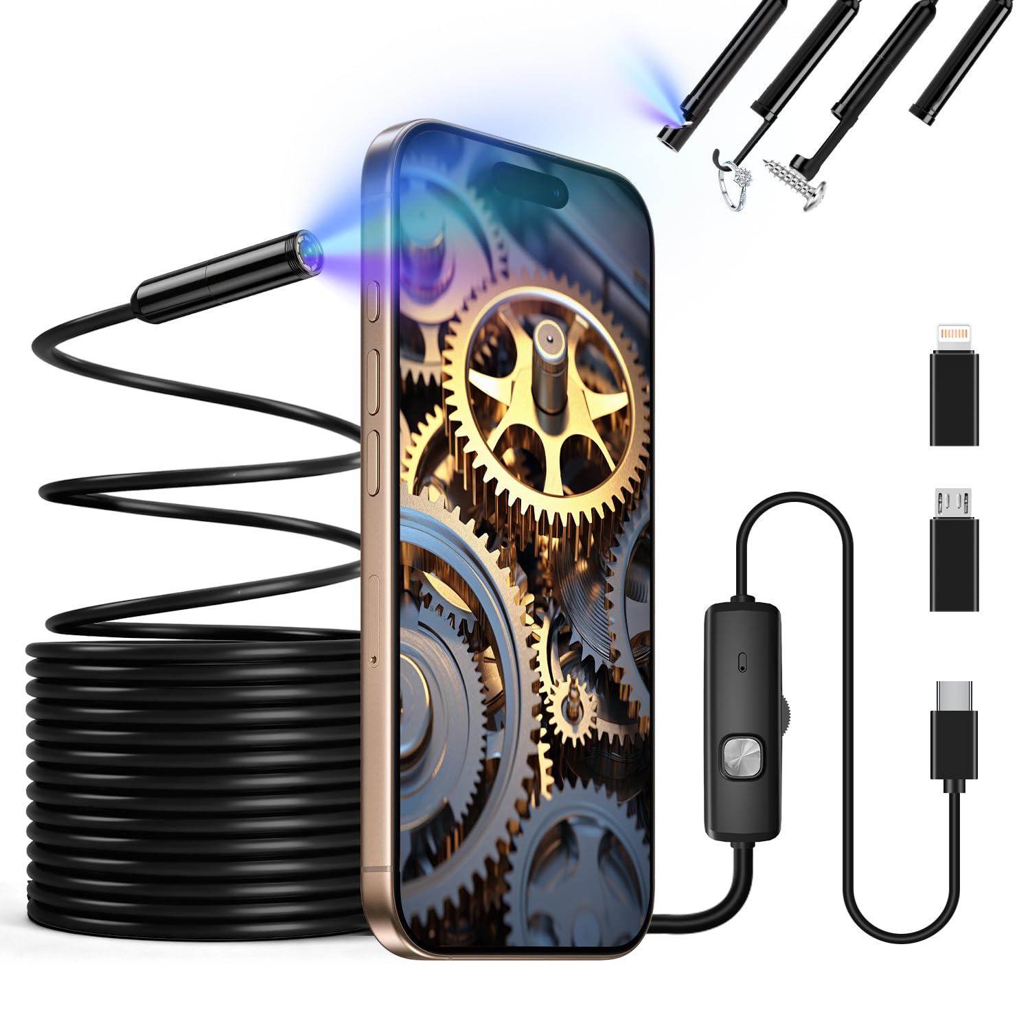 Caméra Endoscopique, Caméra d'Inspection 1920P HD, IP67 3 en 1 USB Camera Canalisation Sonde de 7,9mm Étanche IP67 avec 8 LED, Câble Semi-Rigide de 5M pour Android iPhone iPad Tablettes