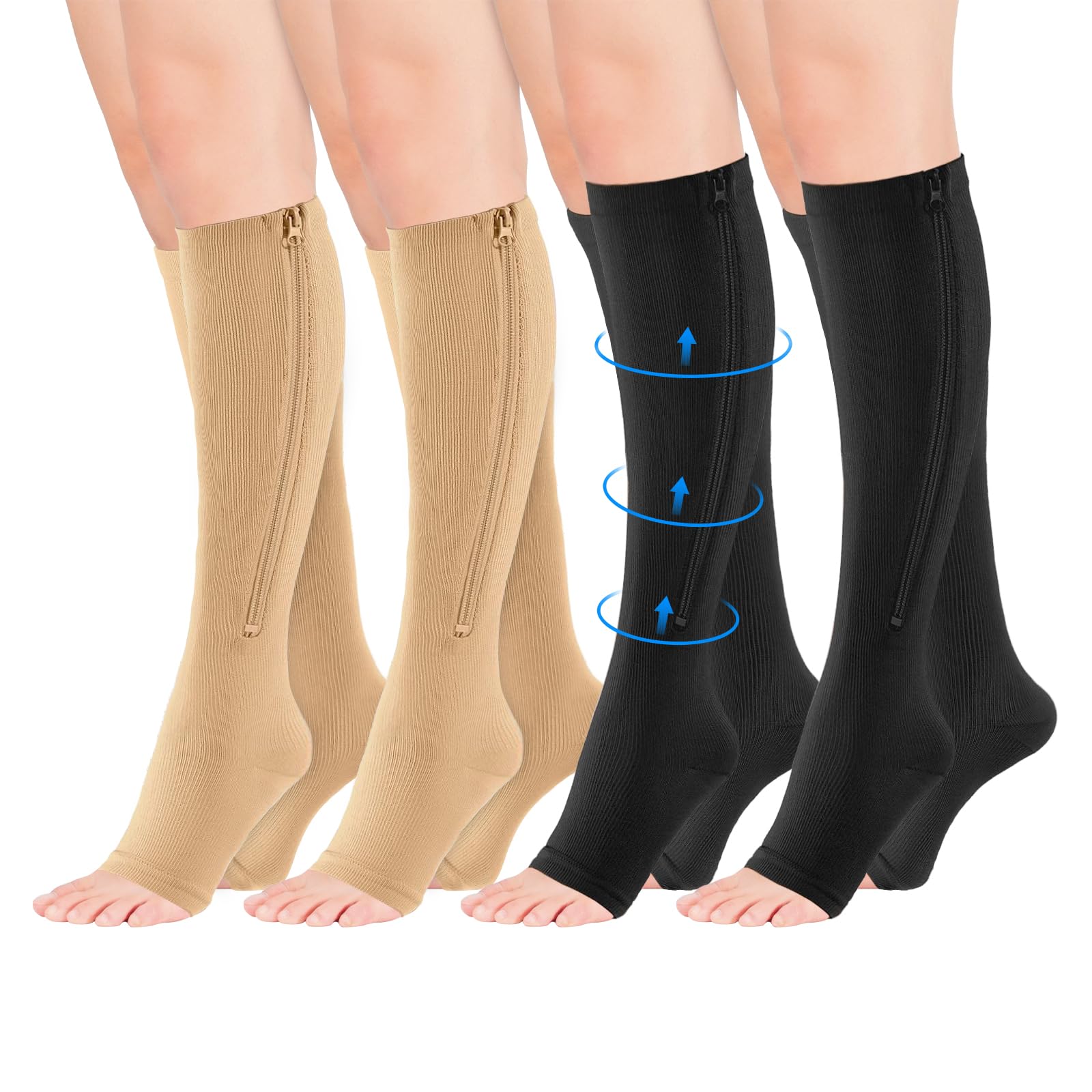 4 Pairs Zipper Compression Socks for Women & Men15-20 mmHg Medical Open Toe Knee High Support Socks Easy Wear Elastic & Comfortable for Fitness Flight Running Marathon product thumbnail 2