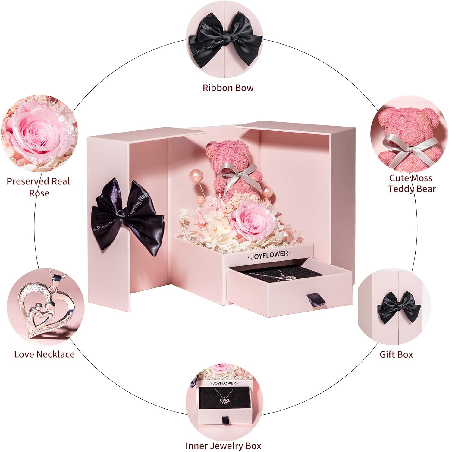 JoyFlower Preserved Flowers with Necklace Gifts for Mom, Unique Pearl Rose Eternal Flower Bear with Necklace Gift for Grandma, Preserved Real Pink Roses Mother's Day Birthday Gift for Mother Grandma - Image 8