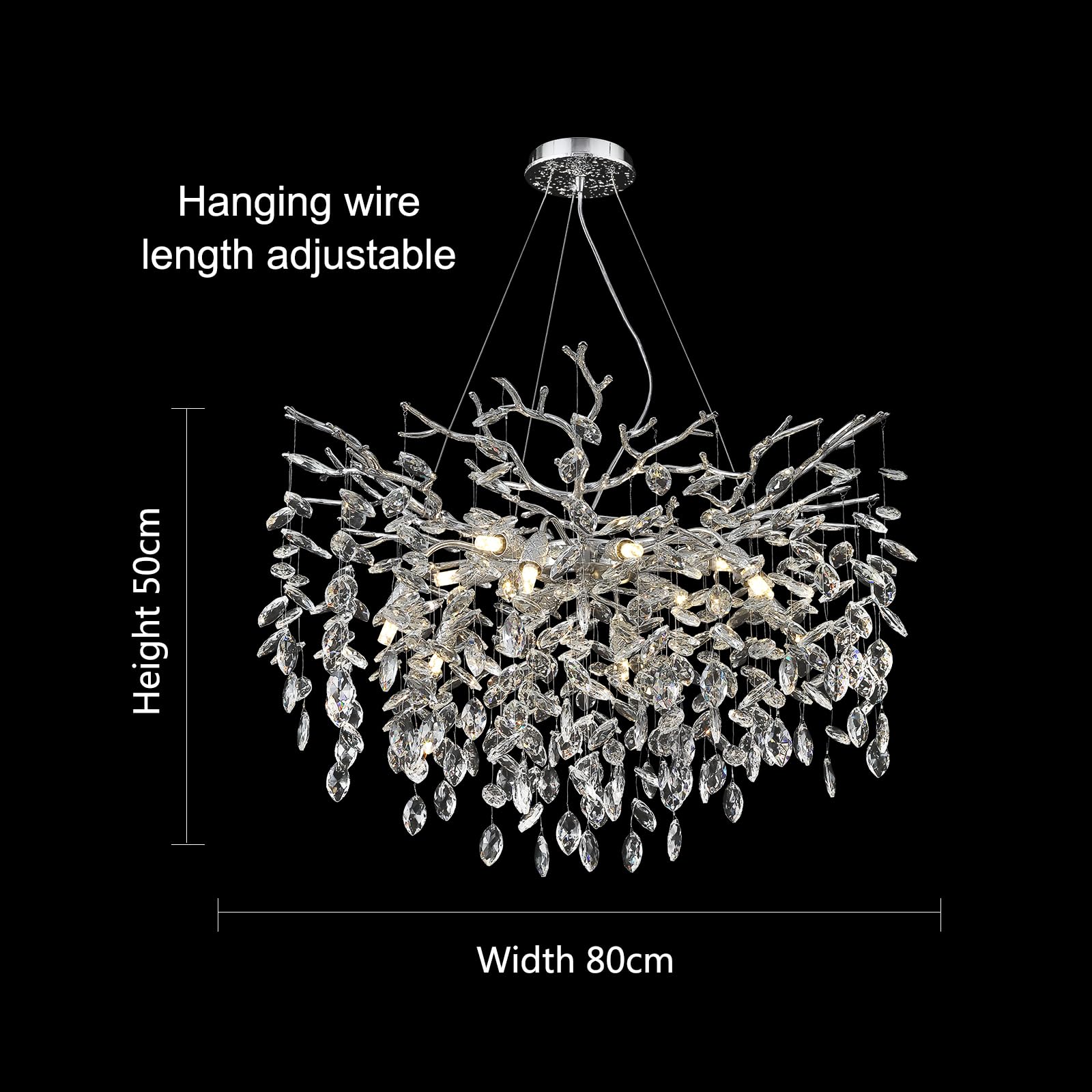 AHXIAOZN Luxury Tree Branch Kronleuchter, Modern Kronleuchter Kristall Leuchte, Große Luxus Kristall Pendelleuchte, Raindrop Leuchte, für Esszimmer, Wohnzimmer (Silber 80cm)