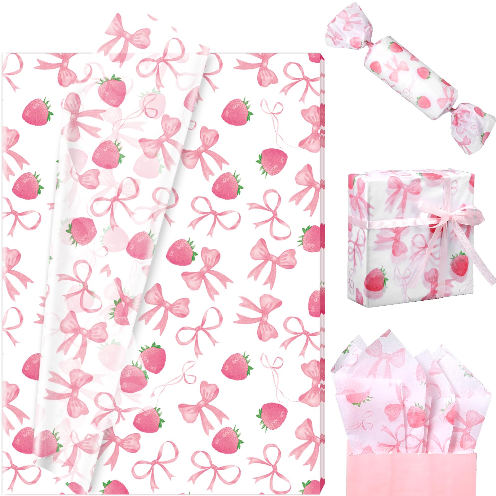 100 Sheets Pink Bow Strawberry Tissue Paper, 20 x 14 Inch Pink Ribbon and Strawberry Patterns Wrapping Paper for Valentine Birthday Wedding Baby