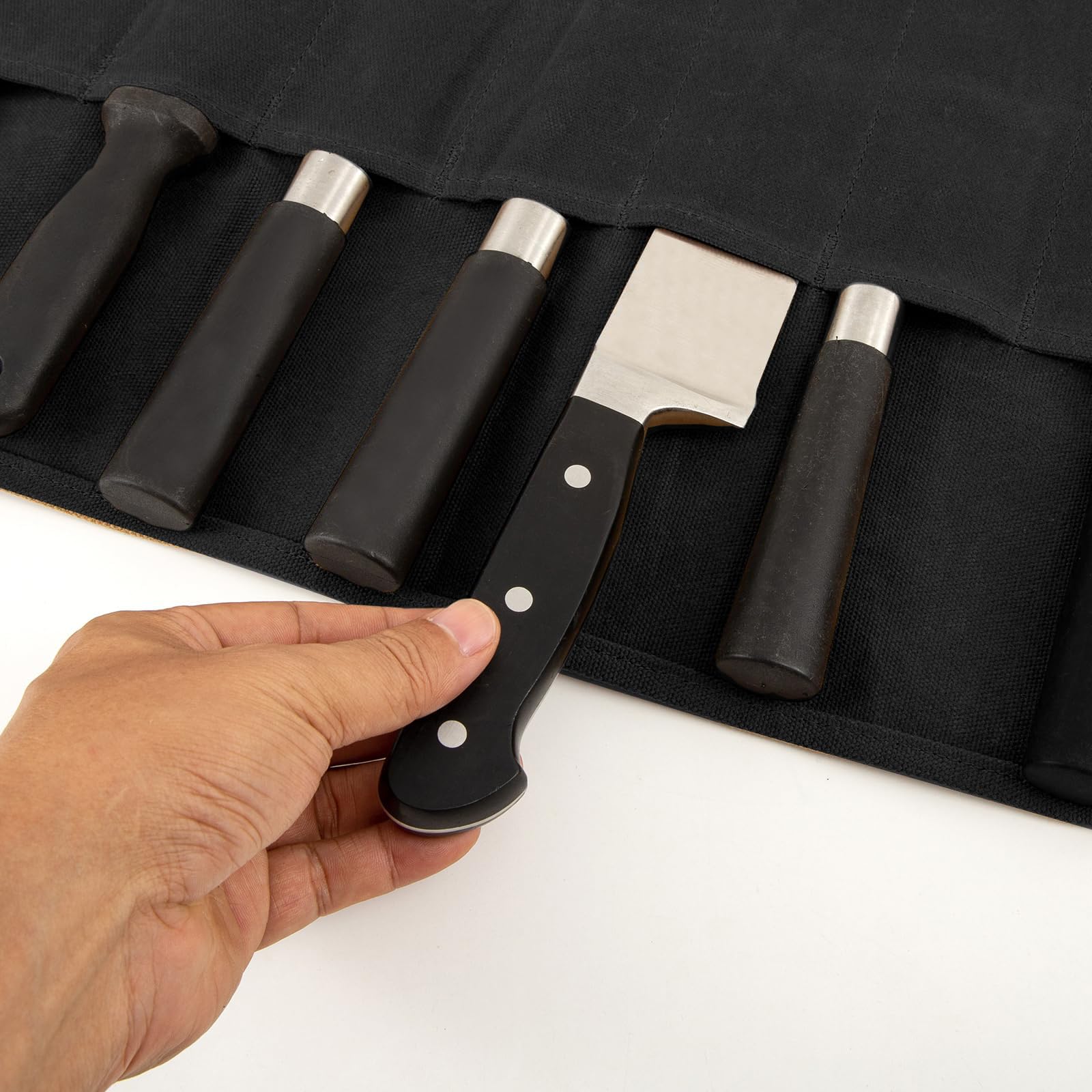 Borsa per coltelli, coltello da cucina con 8 scomparti per coltelli e cucchiai, in tela di cera, regalo per cuochi professionisti o appassionati culinari, Nero , 56 x 43 cm, Conservazione di