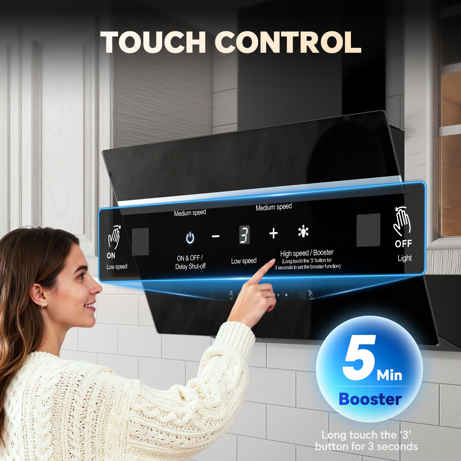 TopStrong Hotte Aspirante 60cm, 800m³/h Hotte de Cuisine inclinée Silencieuse, A+++ Hotte aspirante sans Evacuation ou Recyclage Inclus Filtres Charbon, 3 Vitesses + Boost Fonction, Commande Tactile