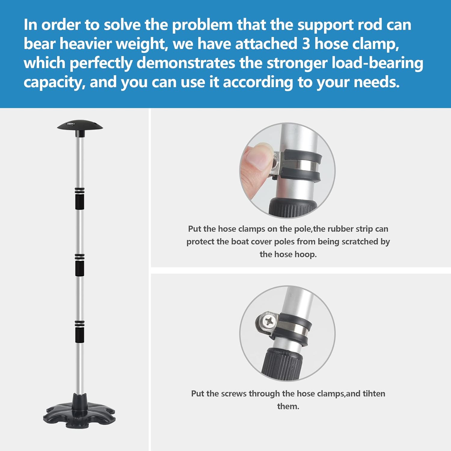 Boat Cover Support Poles Stand 2 Pack with Anti-Slip Rubber Base and Strap, Aluminum Boat Cover Support System Adjustable Height at Will from 22.6” to 58” - Black