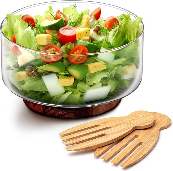 Large Glass Salad Bowl Set Glass Mixing Serving Bowl with Wooden Base and Fork Trifle Bowl Glass with Serving Utensils for Fruits, Popcorn, Chips, Pasta(125 oz)