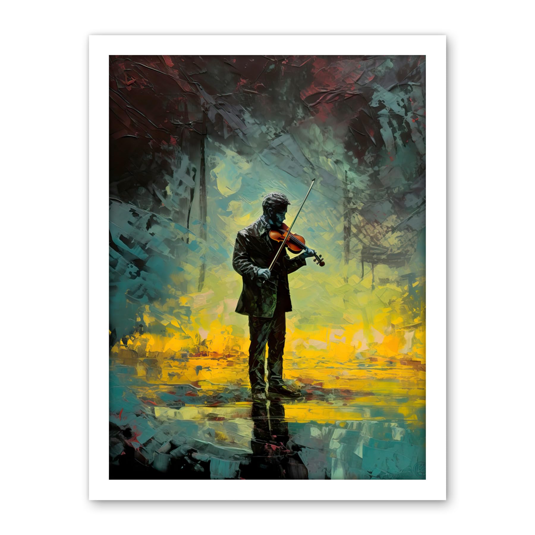 Artery8 Street Musician Playing Violin After the Rain Artwork Framed Wall Art Print 18X24 Inch