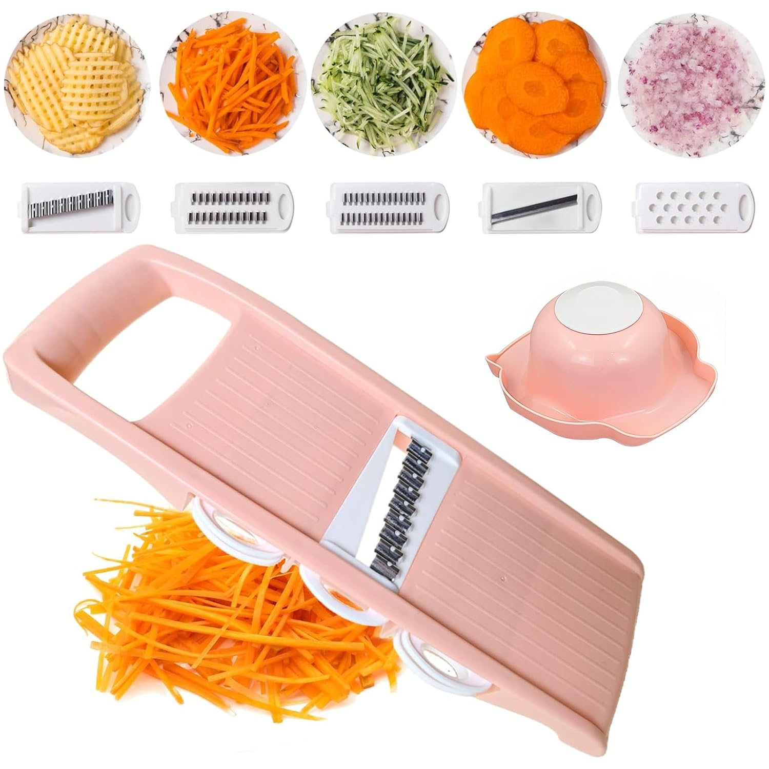 Vegetable Slicer with 5 Blades, Manual Vegetable Cutter Pink with Finger Protection, Versatile Cucumber Slicer & Vegetable Grater for Fruit, Potatoes & Salads, Mandolin Kitchen Slicer Set