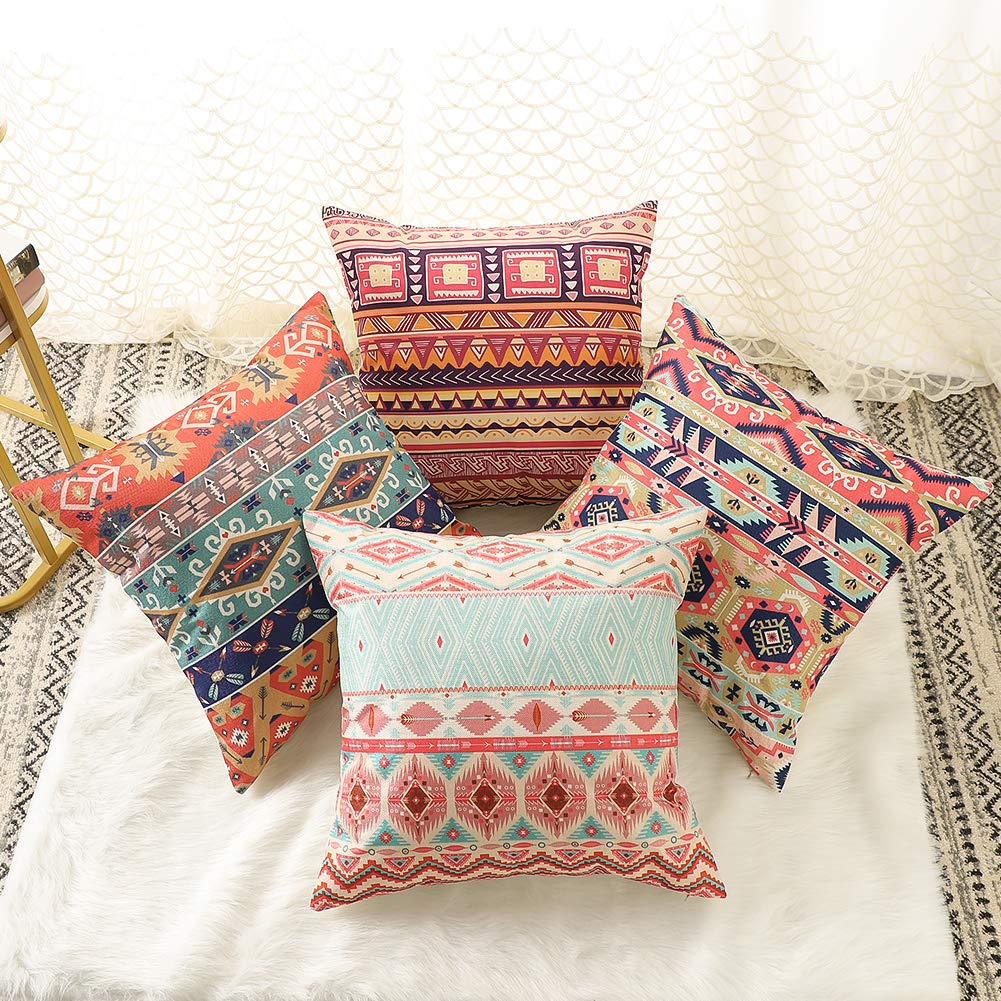 Artscope Set Di 4 Federe Per Cuscini In Lino, 45x45 Cm, Motivi Geometrici Boemi Mediterranei, Con Cerniera, Per Divano E Soggiorno