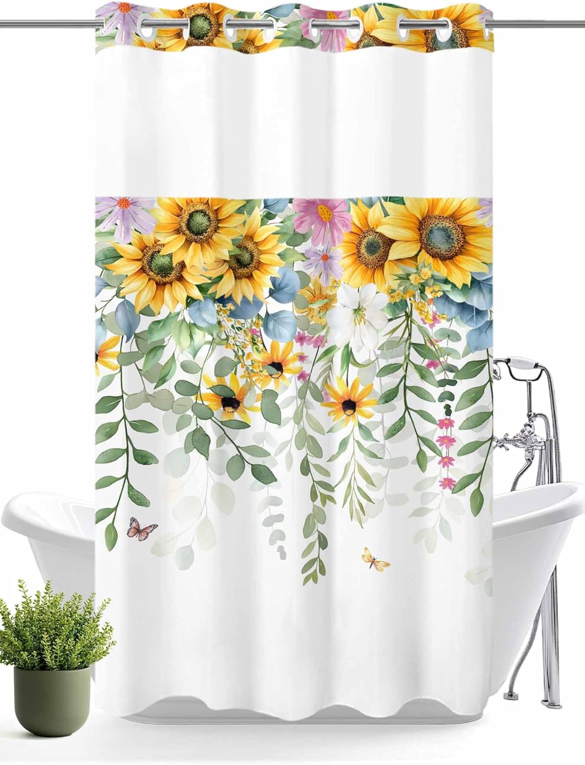 Savannan No Hook Shower Curtain with Snap in Liner, Spring Sunflower Summer Waterproof Fabric Bathroom Curtain Mesh Top Window Washable, Sage Green Blue Eucalyptus Leaf 36" x 72"