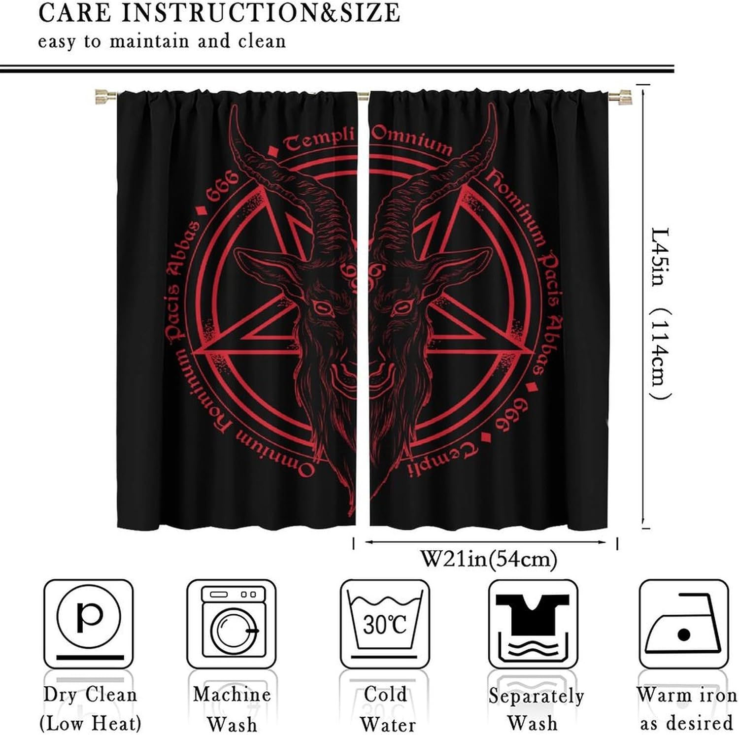 Satanic Goat Skull Curtains Demon Skeleton Fantasy Skull Satan Red Black Curtain with Rod Pocket for Bedroom Living Room Drapes Thermal Insulated Window Treatments 2 Panels Set 42x45 Inch