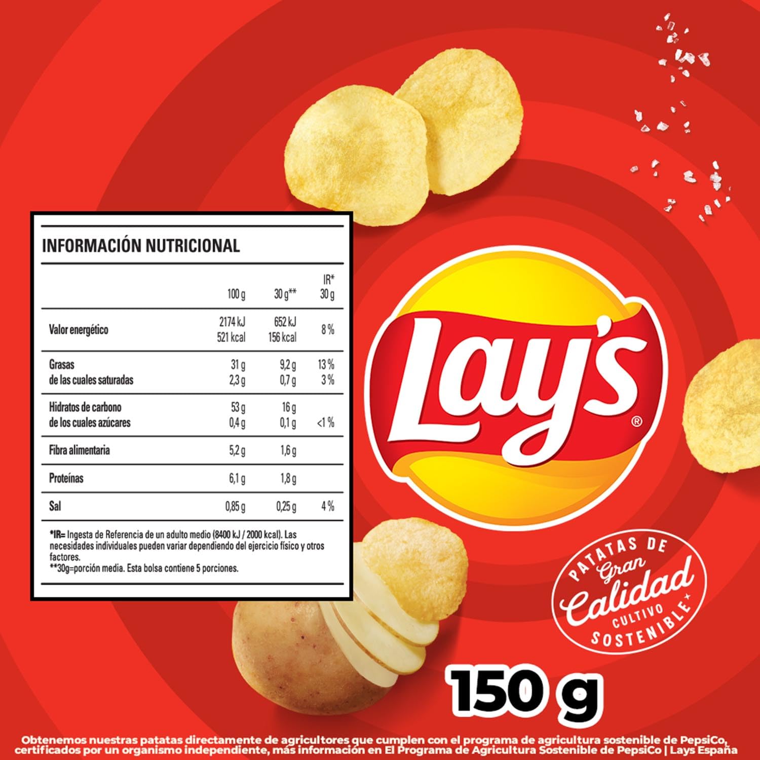 LAY’S Patatas Fritas Al Punto de Sal para Aperitivo y Consumo Diario, Bolsas Individuales de 150 g, Pack de 15, Incluye Bowl de Regalo