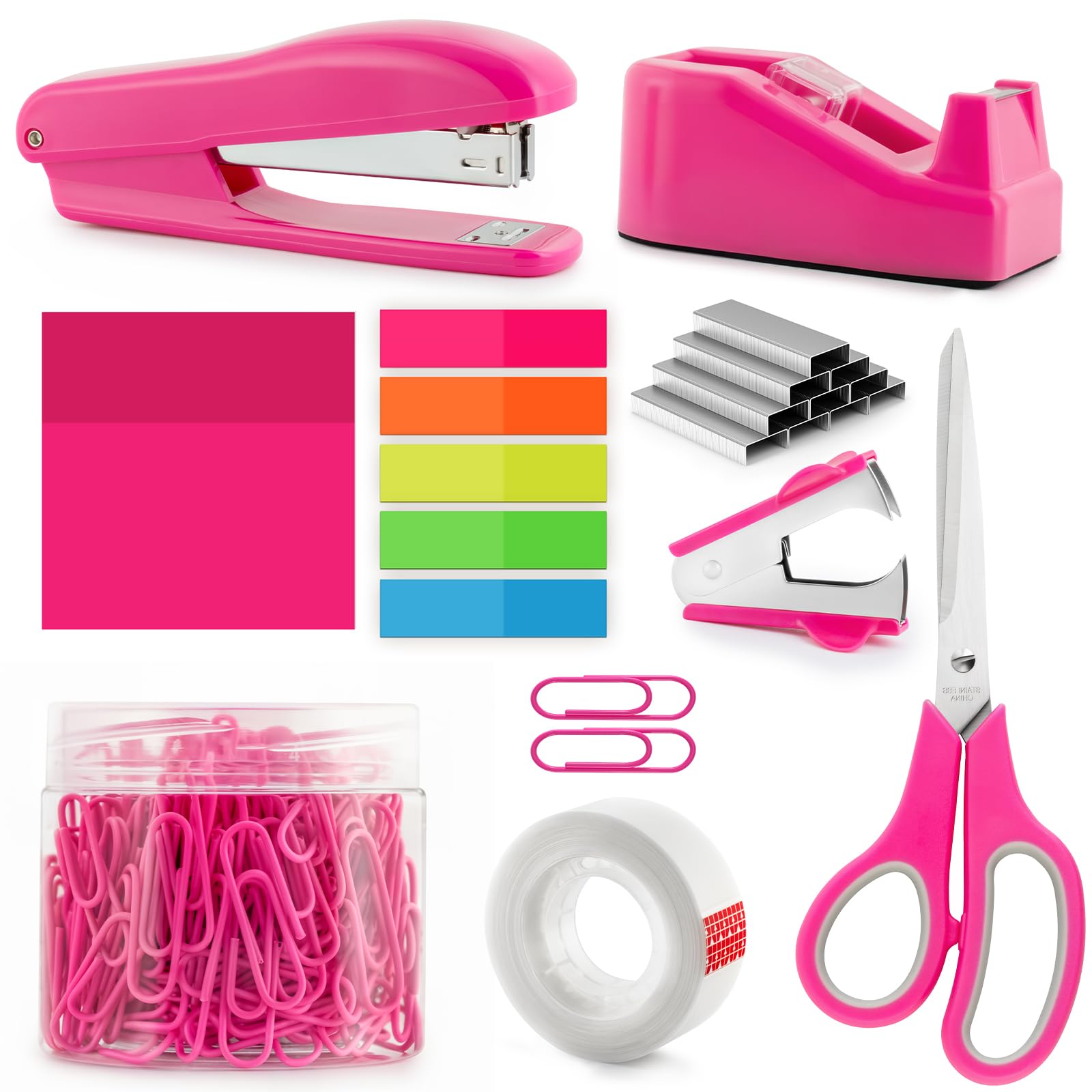 Hot Pink Office Supplies Set - Stapler and Tape Dispenser for Women, Desk Accessories Gift for Boss Lady, Coworkers, Office Clerks