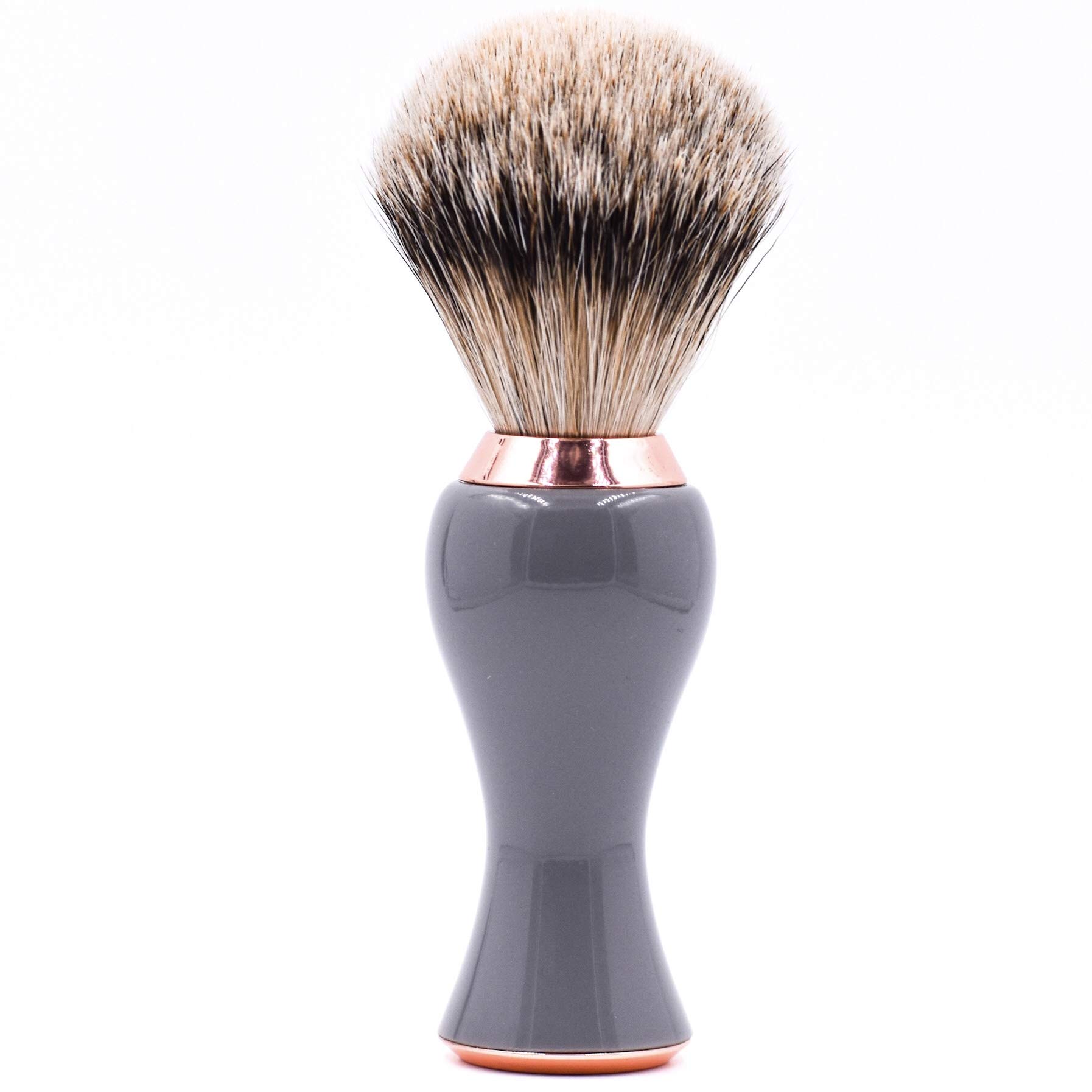 Maquinilla de afeitar de seguridad Parker - Mango de lujo de color gris y oro rosa Cepillo de afeitar de punta plateada de primera calidad Brocha de afeitar para hombres y mujeres con soporte