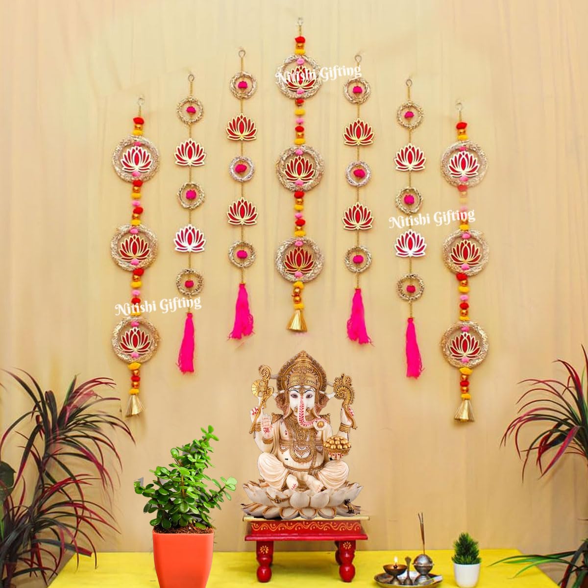 Nitishi Artificial Pink/Rani Color Lotus Hangings & Ganesha Strings Toran Backdrop (BD-01) for Ganpati Mandap Decoration at Home Decor | Diwali Decor | Pooja Decoration | Temple Decoration (B0D8TYCFJT) Amazon Price History, Amazon Price Tracker