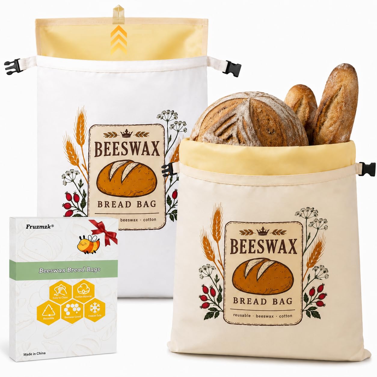 Fruzmzk Herausnehmbare Bienenwachs-Brotbeutel für Sauerteigbrot, 2er Pack | 17 × 12,6 Zoll, Herausnehmbare Bienenwachseinlage, Leicht zu reinigen, Wiederverwendbar, Hält Brot frisch, Sauerteigbrot