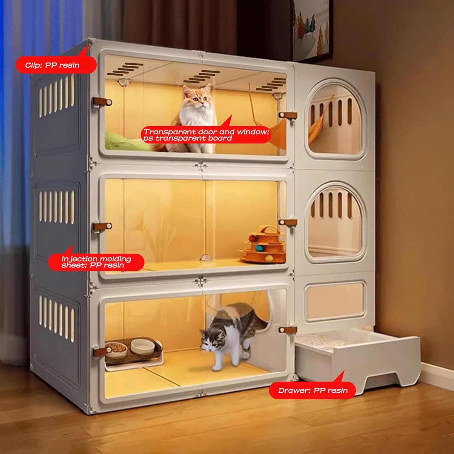 Large Cat House, Indoor Transparent Cat Villa, Cat Condo with Litter Box, 2/3/4 Tier Luxury Pet Cage, Cat Cage with Ventilation Doors White 41.3 * 17.7 * 27.6in