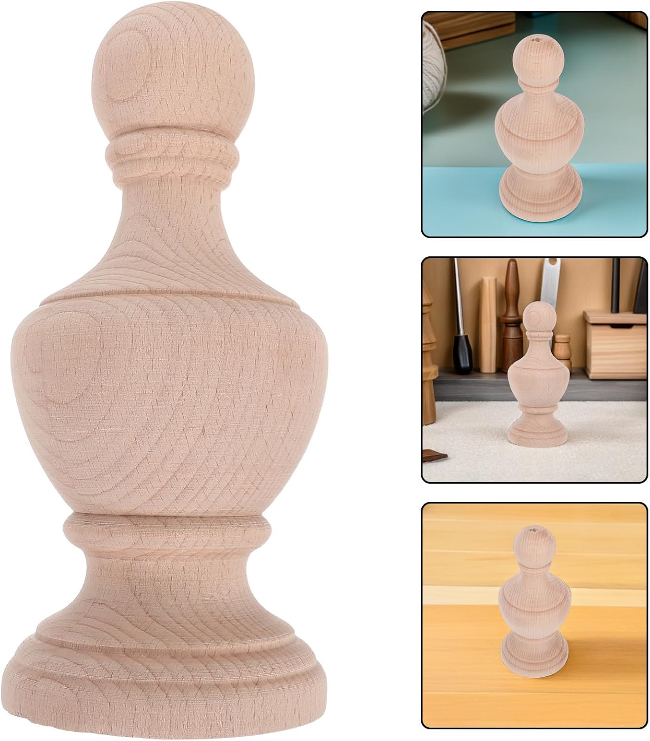 STOBAZA Wooden Round Newel Finial for Spiral Stairs, 7.9"x3.5" Khaki Wood Banister Column Topper with Easy Installation and Conceals Joints, Rustic and Modern Style DIY Wood Railing Post