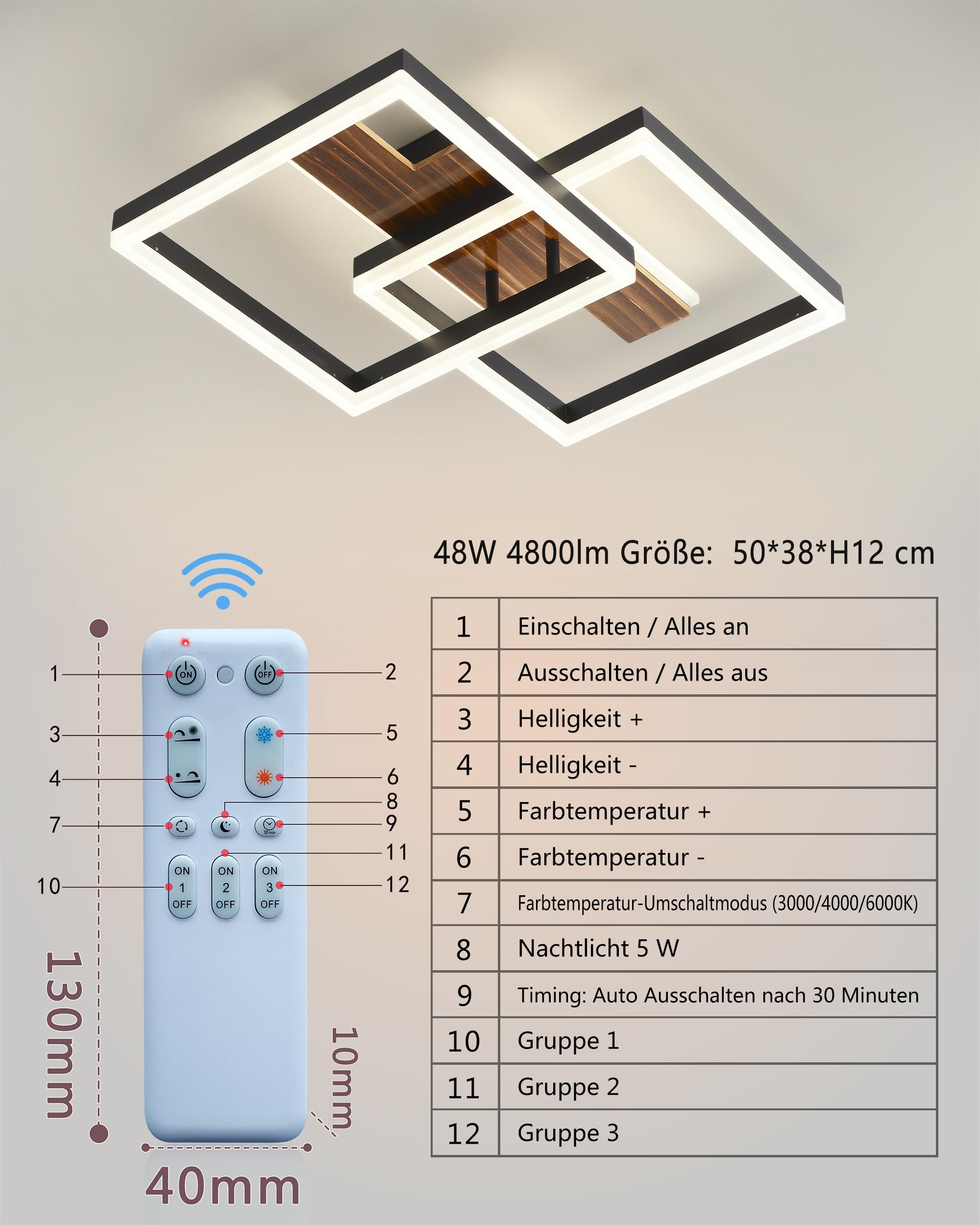 LED Deckenleuchte Holz dimmbar, Massivholz schwarz Vintage Deckenlampe, 48W 50cm 4000lm 3000-6000K mit Fernbedienung, Schlafzimmerlampe Wohnzimmerlampe, Memory-Funktion, 5W Nachtlicht