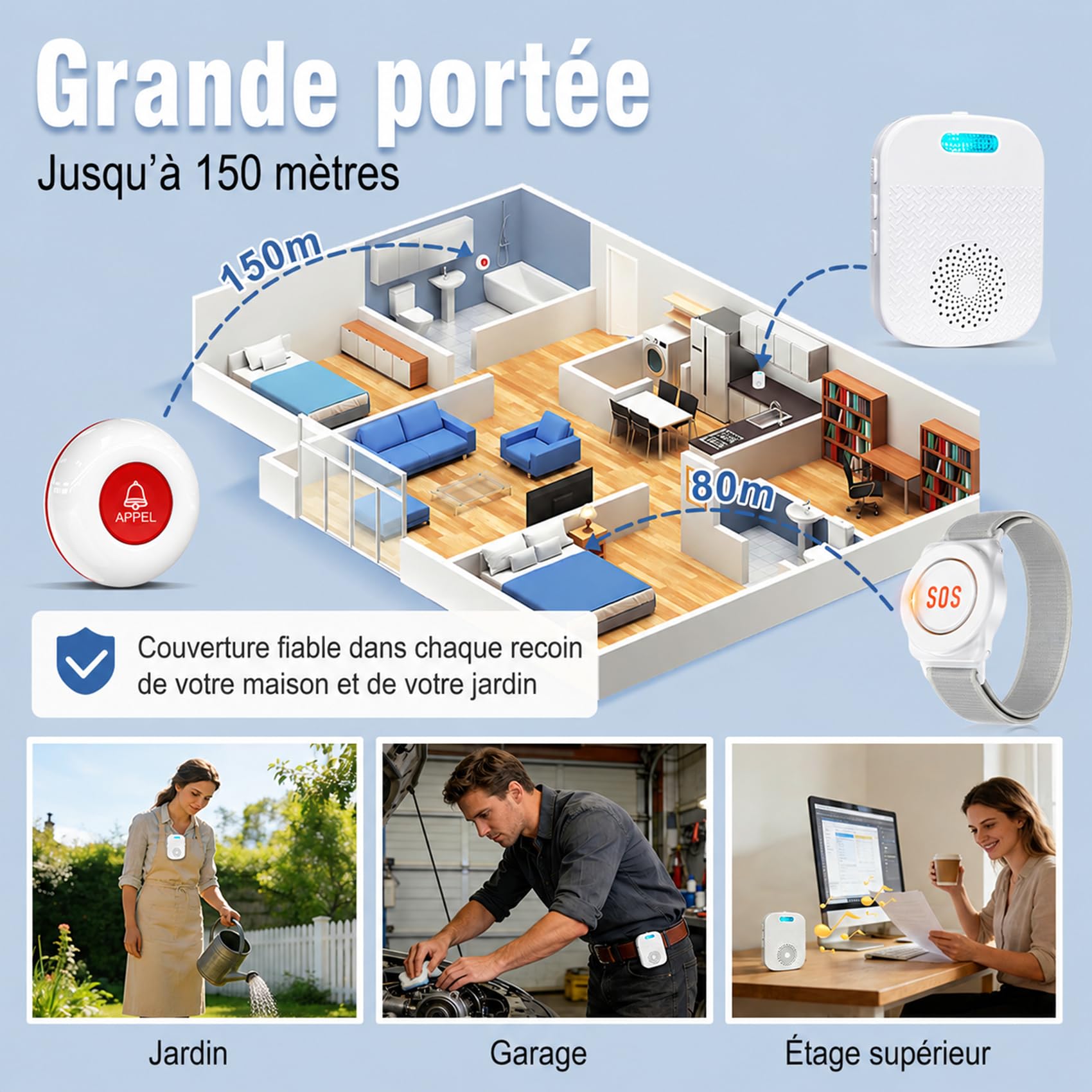 ChunHee Bouton d'appel d'urgence pour Personnes âgées, Bracelet d'appel d'urgence, Rechargeable, Alarme SOS, pour Homme âgé, Patient