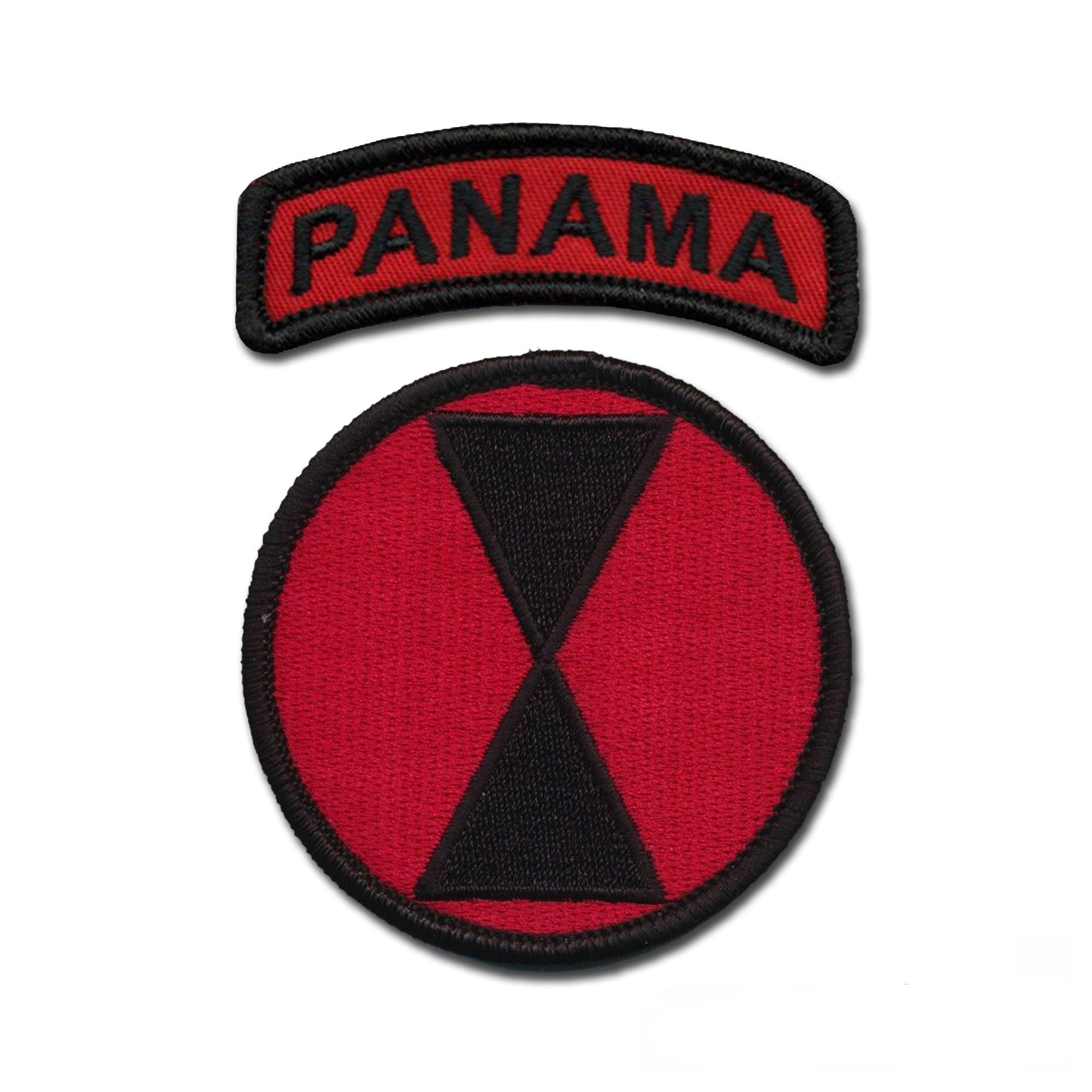 7th Infantry Division Patch (Dress) with Panama Tab - Shoulder Sleeve Insignia - 3" Diameter Plus tab, merrowed Edge with Wax Backing - Fort Ord, California - Panama Invasion - Bayonet Design