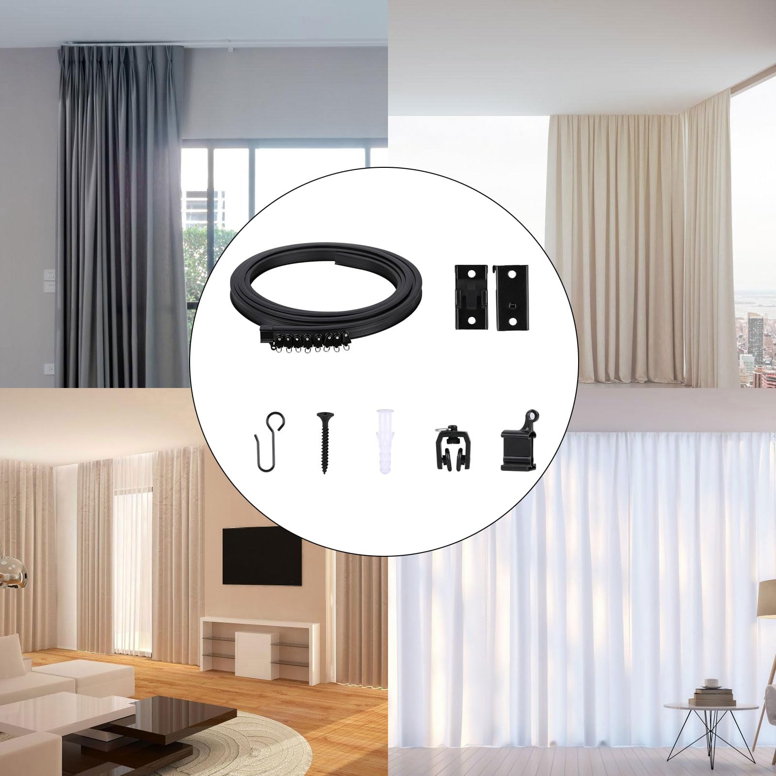Quiet Operate Flexible Curtain Track Kits 9.8ft Ceiling Fixtures Rails For Drapes With Smooth Rollers And Metal Hook Set