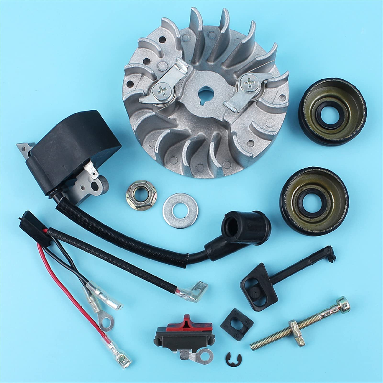 Flywheel Kill Switch Bobina de Encendido Tensor de Cadena Sellos de Aceite Aptos for Husqvarna 137 137E 142 142E Motosierra con Palanca de estrangulación de Tuercas