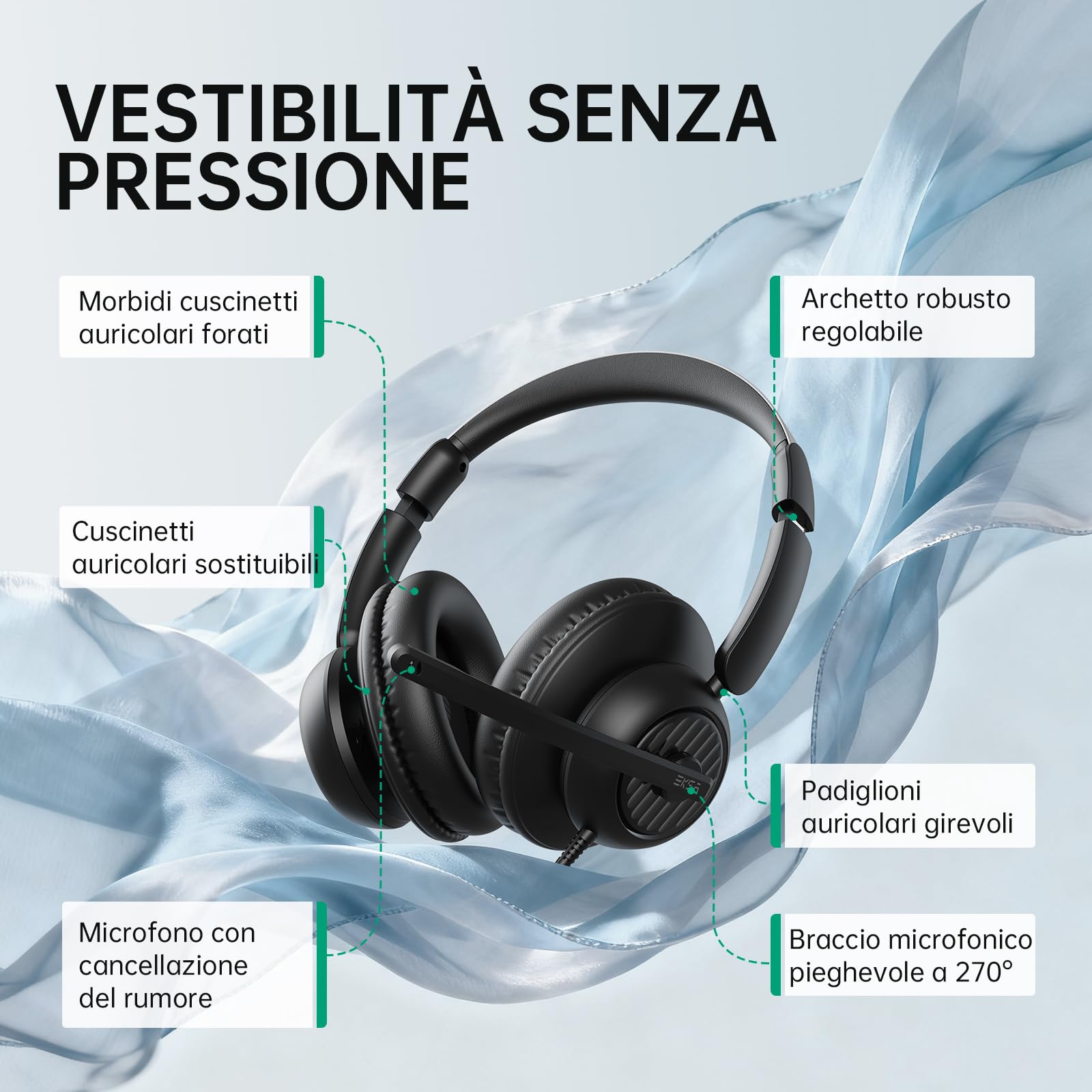 EKSA H8 Cuffie Per Pc Con Microfono, Cuffie Stereo Usb Con Cavo, Cuffie Con Cancellazione Del Rumore, Cuffie Usb-C/Usb-A E Jack Da 3,5 Mm, Cuffie Over-Ear Per Laptop/Ufficio/Call Center/Team