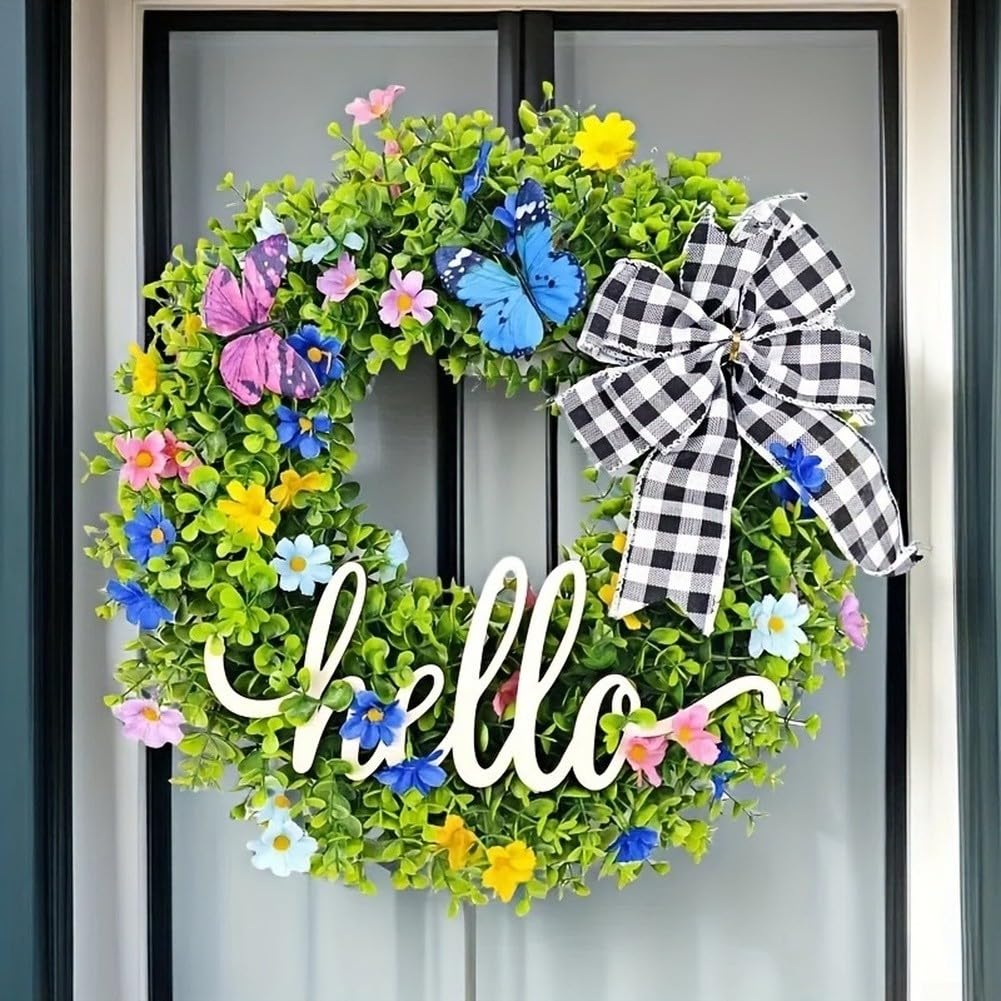 Couronne d'eucalyptus avec panneau « Hello Welcome », décoration printanière artificielle verte de 46 cm pour porte d'entrée, décoration de jardin intérieure ou extérieure