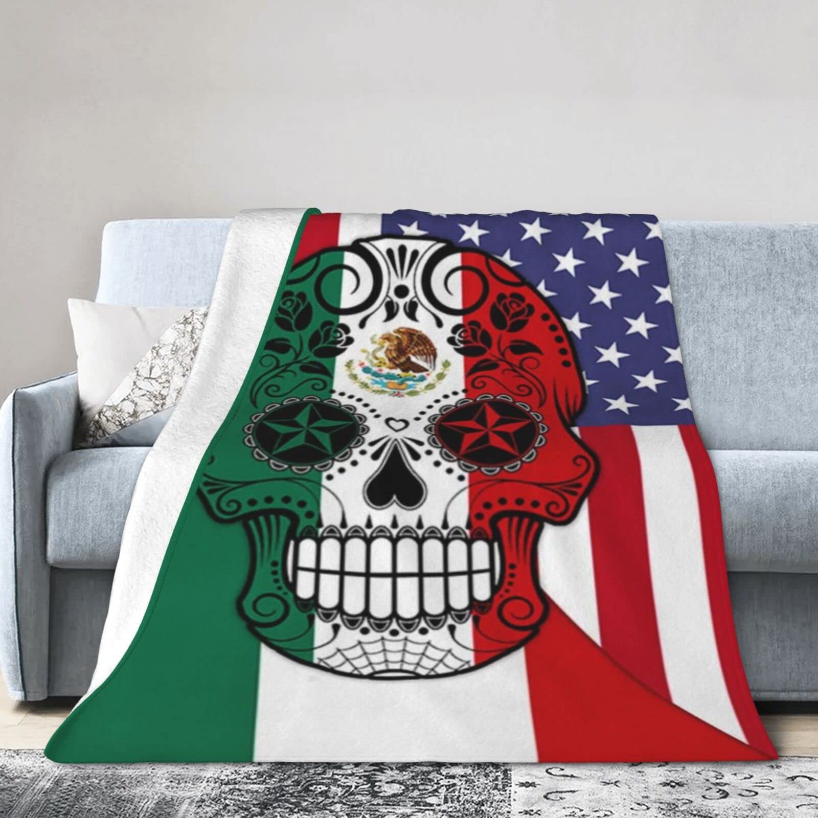 Lsjuee Christmas Flannel Fleece Blanket 50"X40" Day of The Dead Mexican Sugar Skull Bed Throw Blanket Weighted Ultra-Soft Travel Winter Blankets for Womens Keep Warm