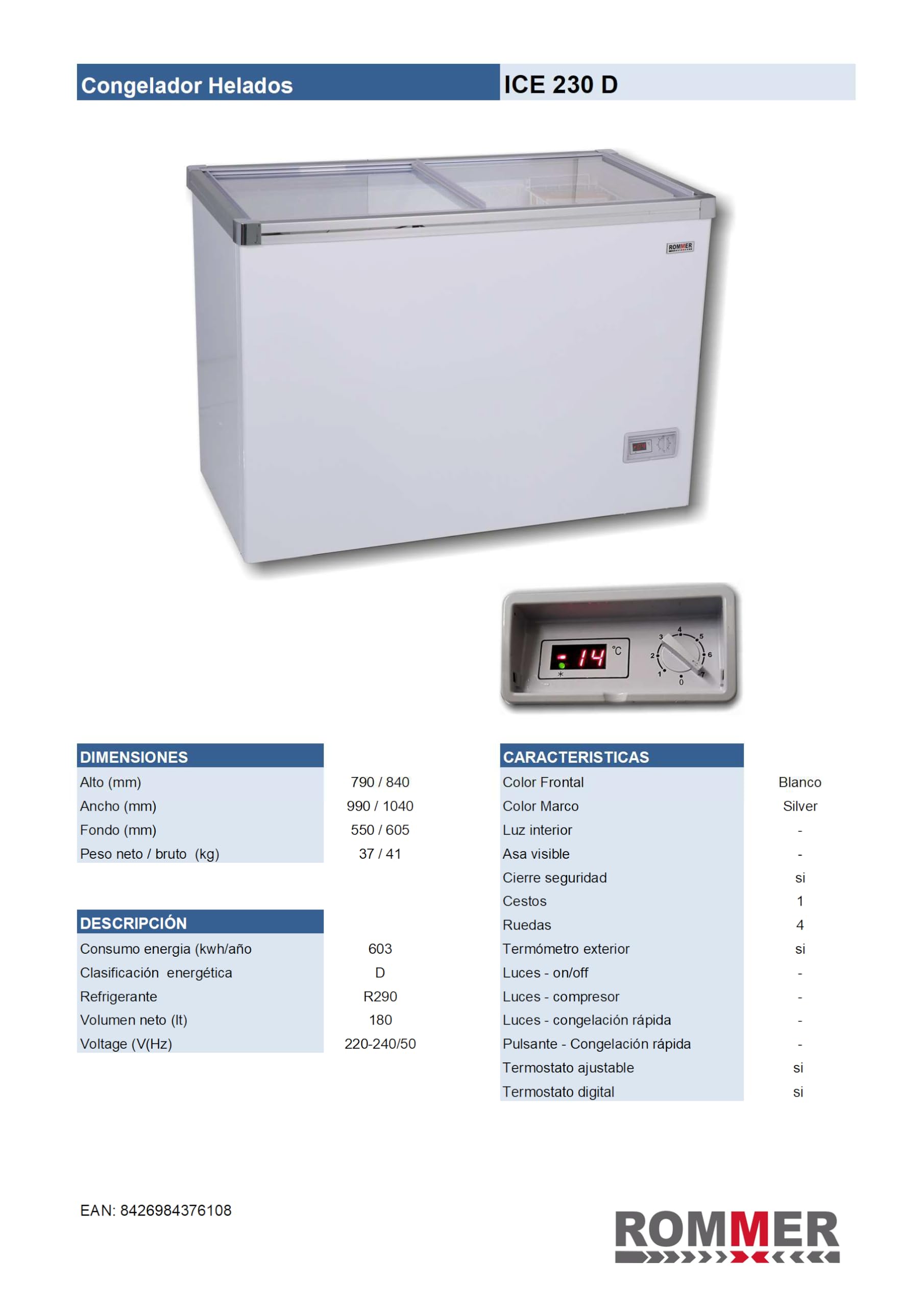 Congelador horizontal Rommer ICE 230 D, especial para helados, capacidad 180 litros, clase D, blanco
