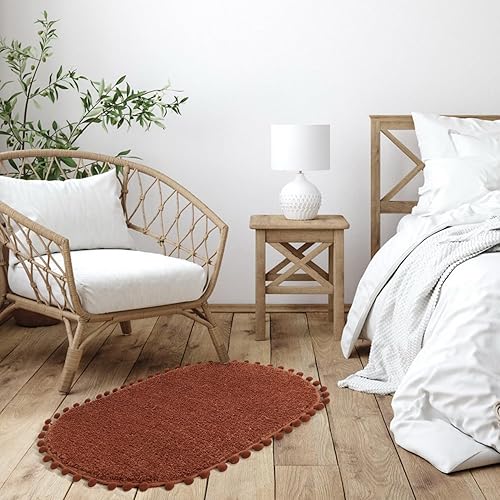 Miniatura 5 de YIRDDEO Alfombra de baño antideslizante con pompones, diseño bohemio, ovalado, absorbente, de felpa, suave, lavable, color terracota (20 x 30