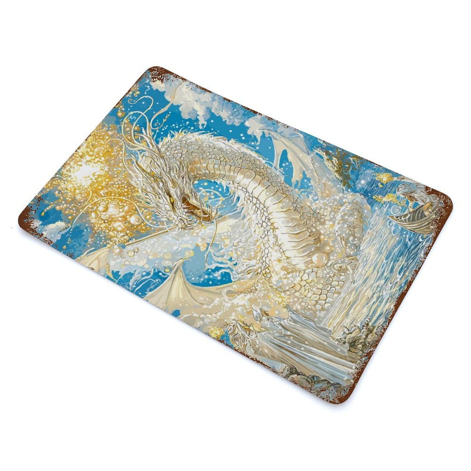 Majestic White Dragon Fantasy Retro Metal Sign 11.8"x7.9", for Pub, Kitchen And Man Cave Decor, Industrial Home Decor