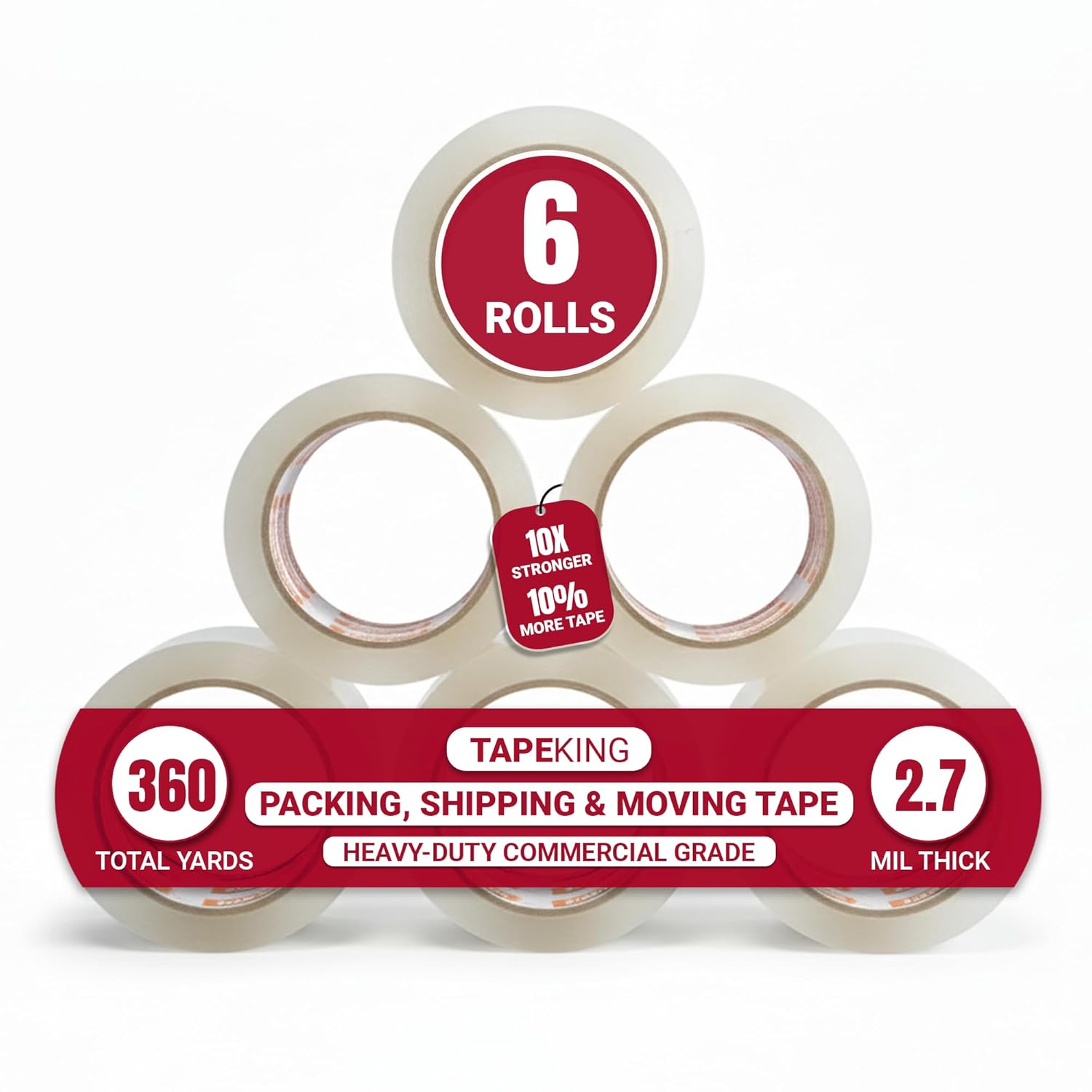 Tape King Clear Packing Tape - 60 Yards Per Roll (Pack of 6 Rolls) - Stronger & Thicker 2.7mil, Heavy Duty Adhesive Industrial Depot Tapes for Moving Packaging Shipping, Office & Storage 6 Rolls / 2.7 Mil Thick 6