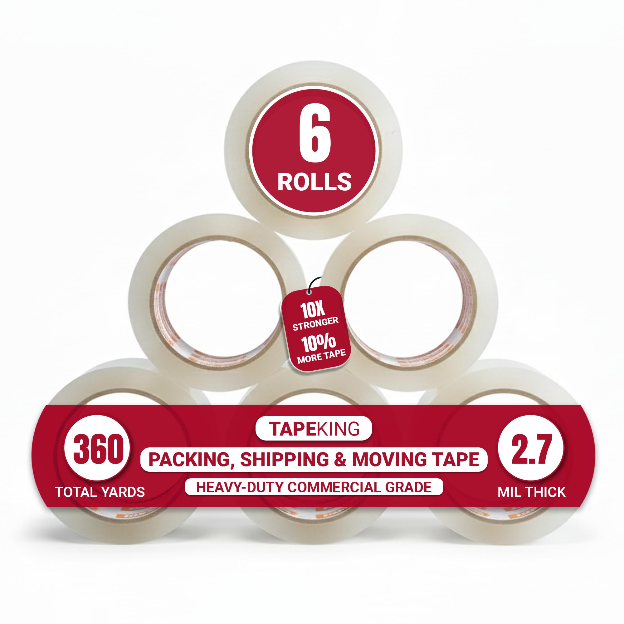 Tape King Clear Packing Tape - 60 Yards Per Roll (Pack of 6 Rolls) - Stronger & Thicker 2.7mil, Heavy Duty Adhesive Industrial Depot Tapes for Moving Packaging Shipping, Office & Storage
