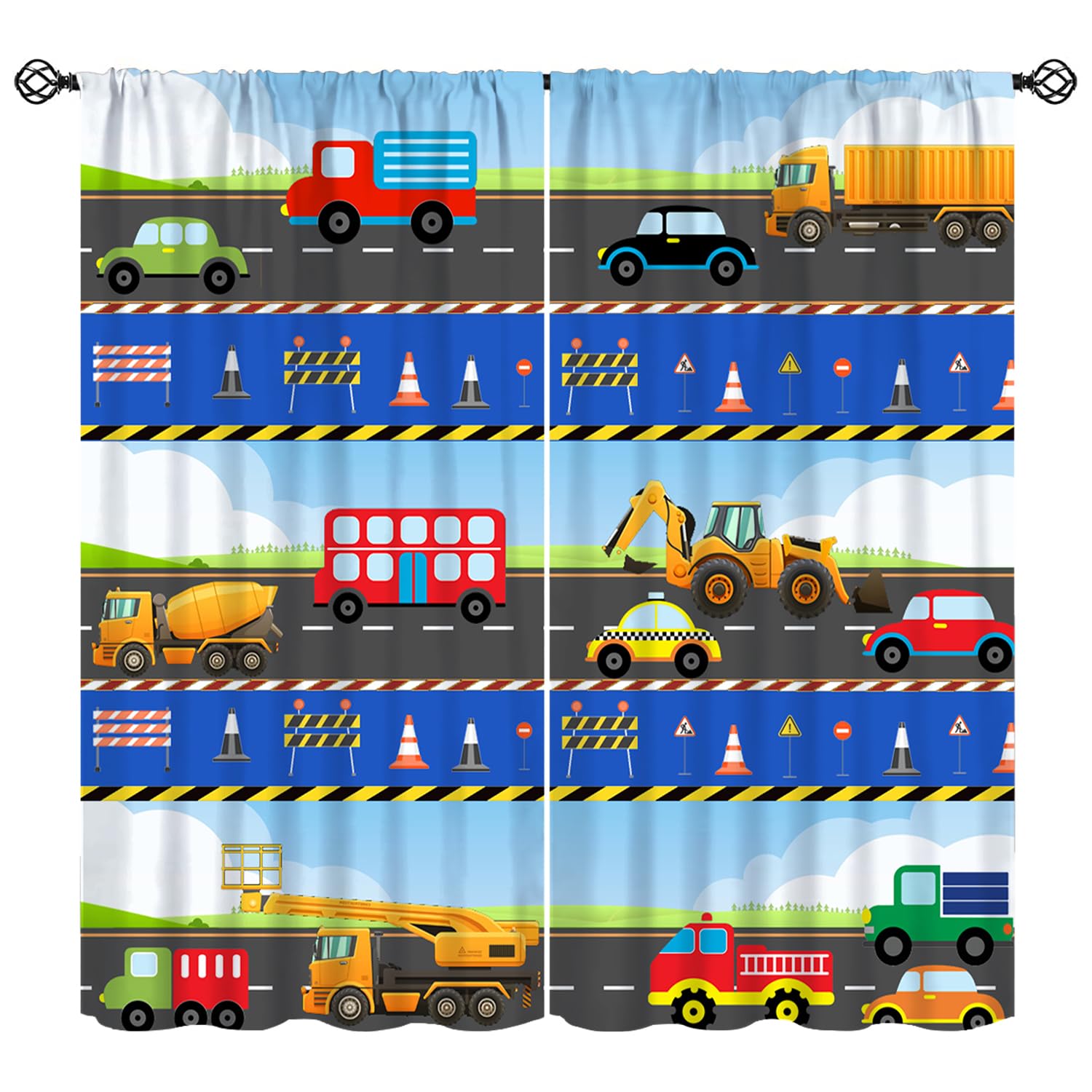 SHElifestyle Kids Construction Truck Curtains, Road Tractor Excavator Window Treatments Cartoon Cars Bus Transportation Window Drapes for Teens Boys Girls Bedroom Living Room W42 X L45, Racing-4