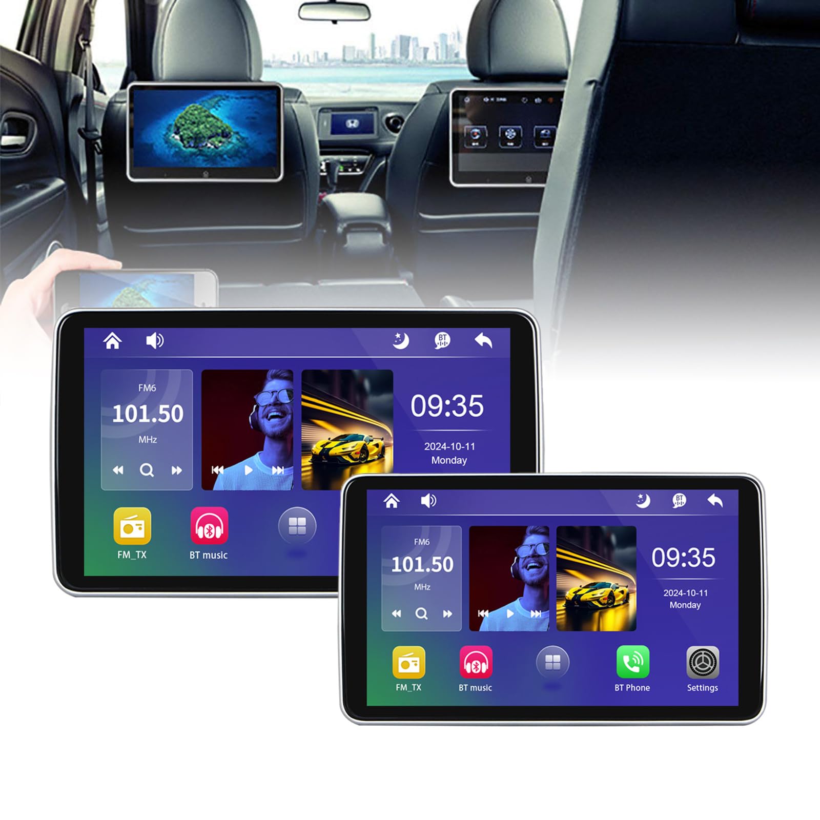 Monitor De Reposacabezas para Coche De 10,1 Pulgadas, Pantalla Táctil De 1024 X 600, USB, Compatible con Tarjeta TF/USB, Proyección De Pantalla De Teléfono Móvil,2 pcs