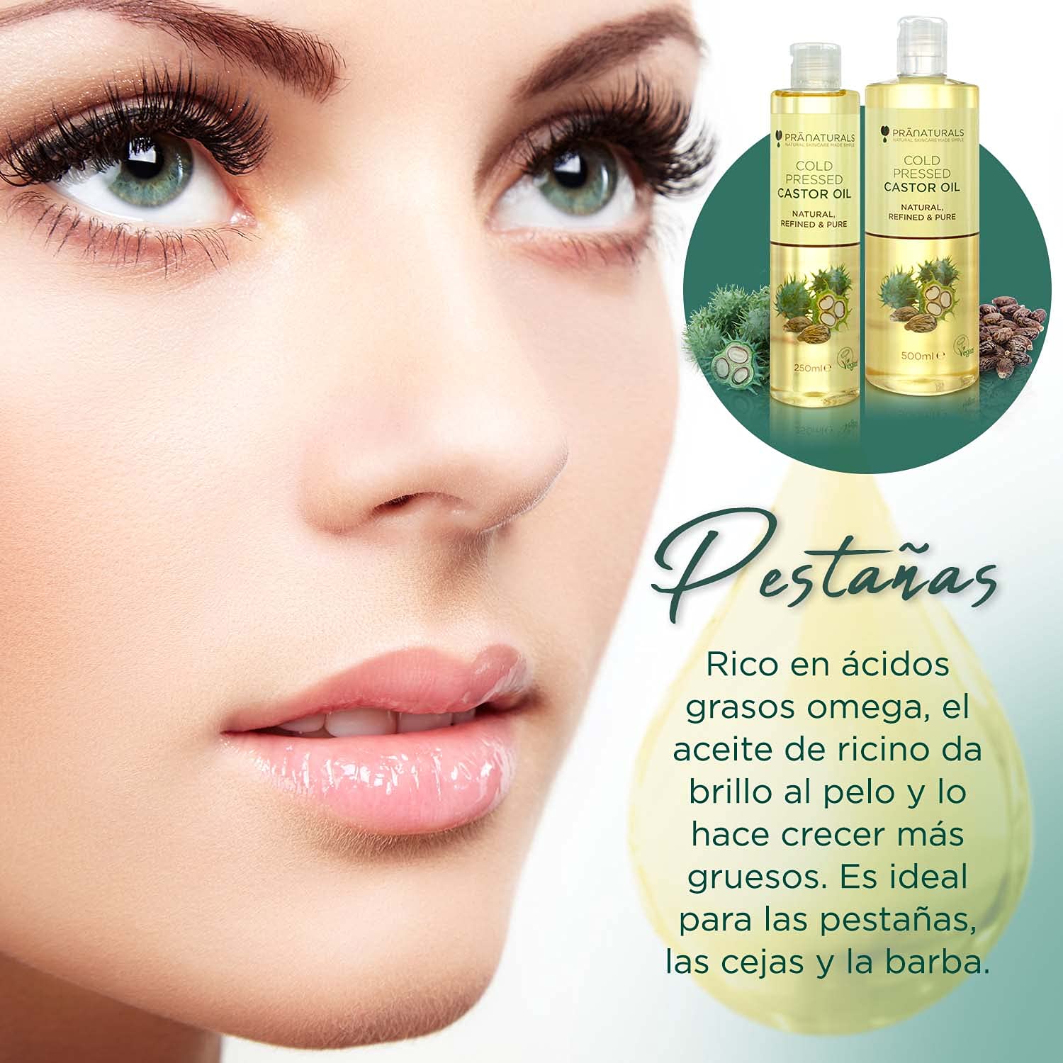 Aceite de ricino prensado en frío 500ml 100% vegano natural para crecimiento pelo pestañas piel suave omega 6 y 9