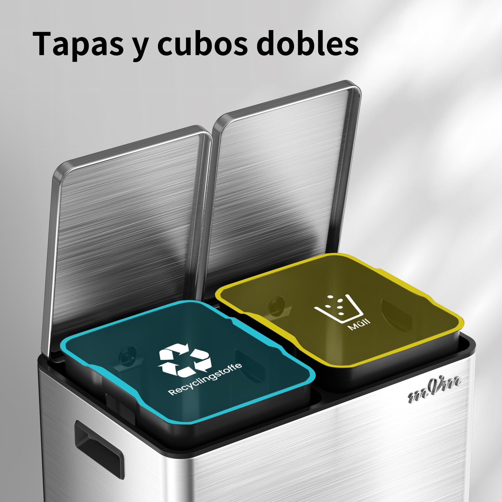 mVm Cubo de Basura para la Cocina, 2 Compartimentos 2 x 30L Cubo de Basura Cocina, Papelera Moderna y Robusta, Cierre Suave, para Cocina, Salón, Plata