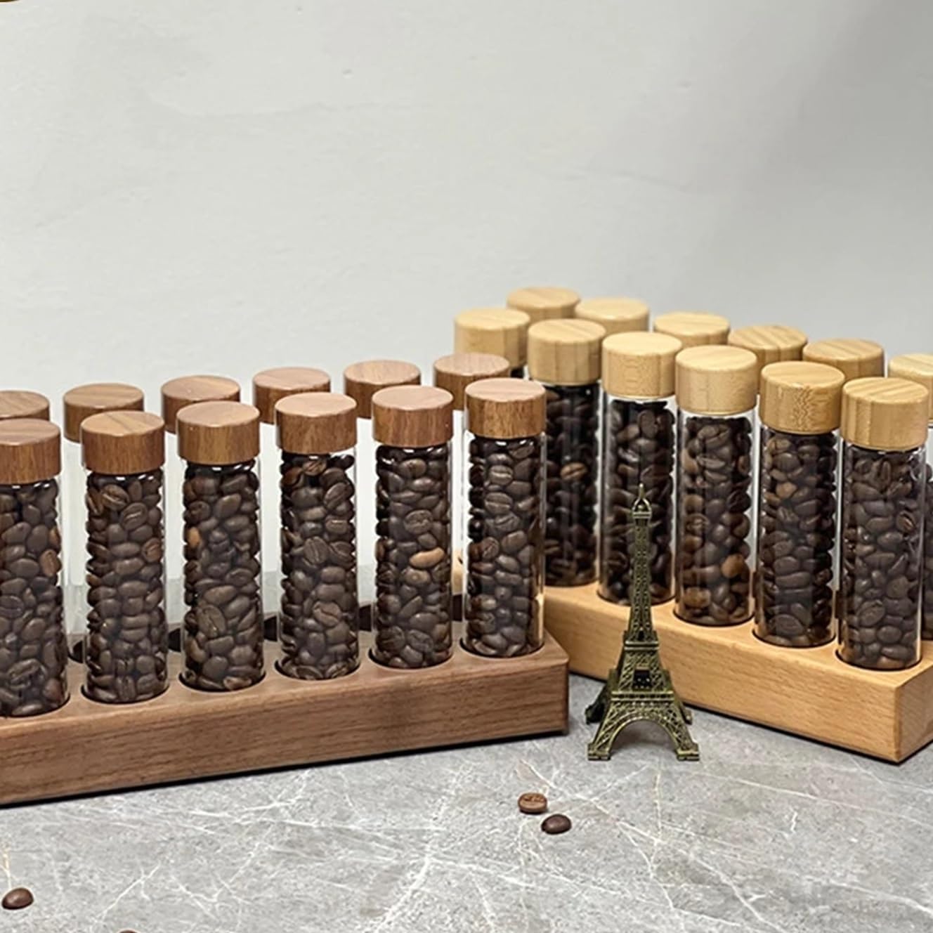 Tubo per chicchi di caffe, contenitore in vetro con imbuto KH-001 | Tubo monodose da 17g o 22g, base in noce, set in due pezzi, 6 o 12 fori(6 holes 17g Beech)