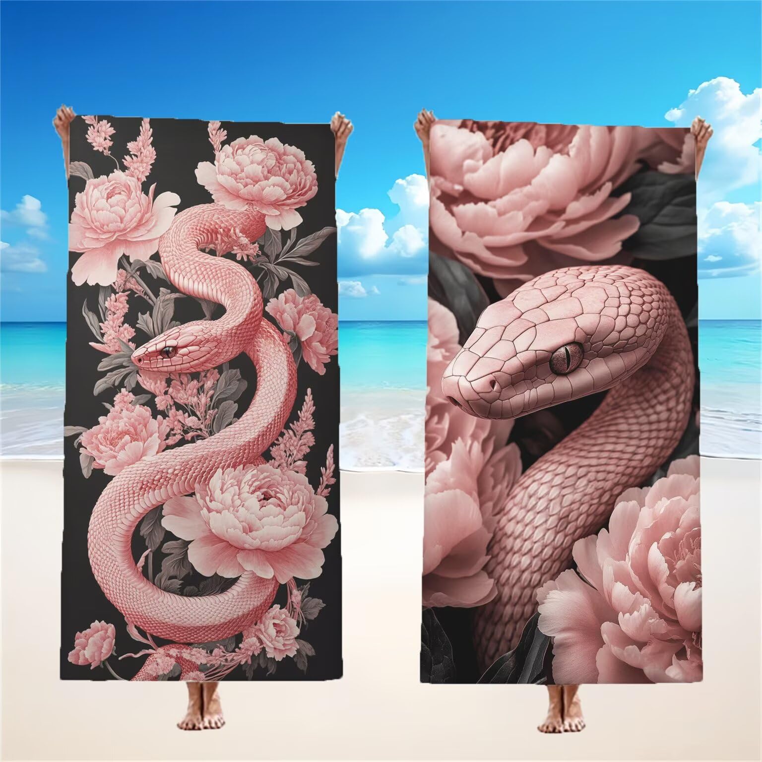 Ręcznik plażowy z mikrofibry, motyw węża, ręcznik plażowy, różowy, 220 x 100 cm, 2 sztuki, unikalna konstrukcja zatrzaskowa, bez piasku, szybkoschnący, lekki, podróżny ręcznik z torbą na basen, do