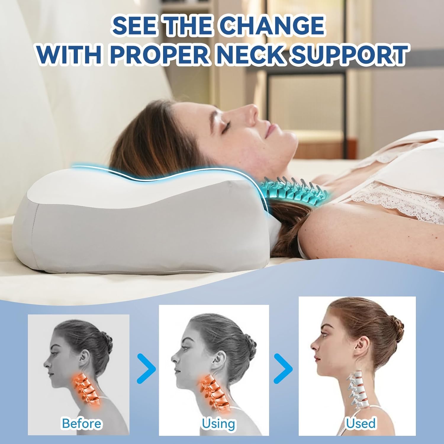 Cervical Neck Pillow, Ergonomic Memory Foam Contour Pillow with Dual Ear Relief Zones, Neck Support Pillow for Side, Back and Stomach Sleepers