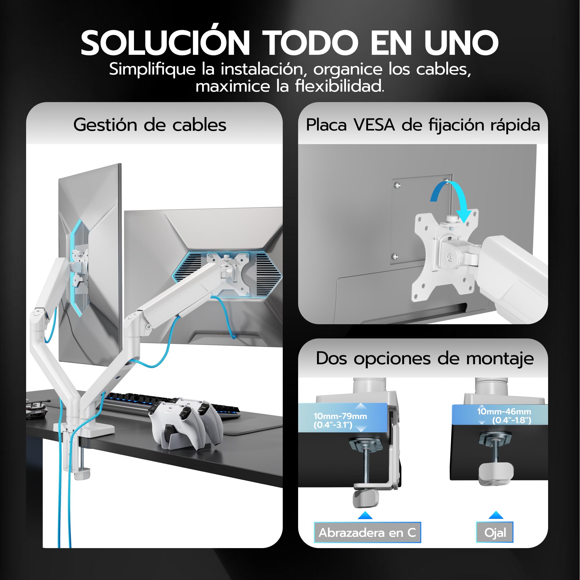 ARES WING Soporte Dual para Monitores 17"–35", VESA 75/100 mm | Brazo Doble 2–12 kg con Puertos USB-A/C, Gestión de Cables, Inclinable/Giratorio/Rotatorio