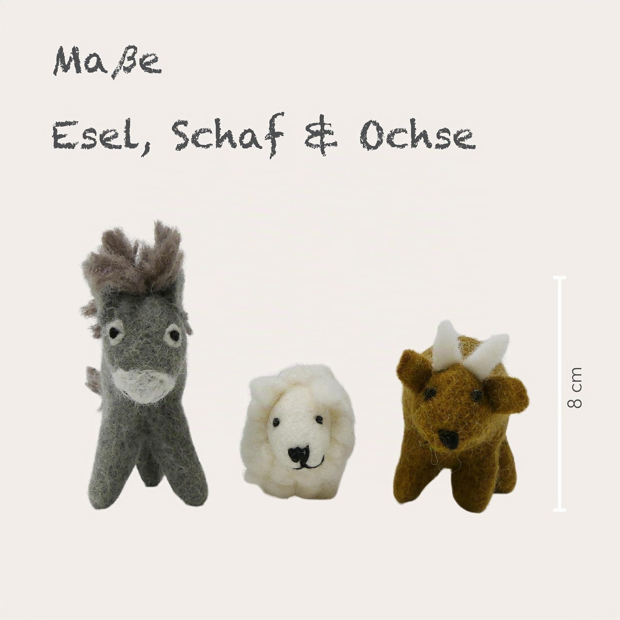 Én Gry & Sif Krippentiere (Esel Schaf Ochse), Krippenfiguren aus Filz, Hand-Made, fair-Trade, Kinderzimmerdeko, besondere Weihnachtskrippe, 8 cm groß