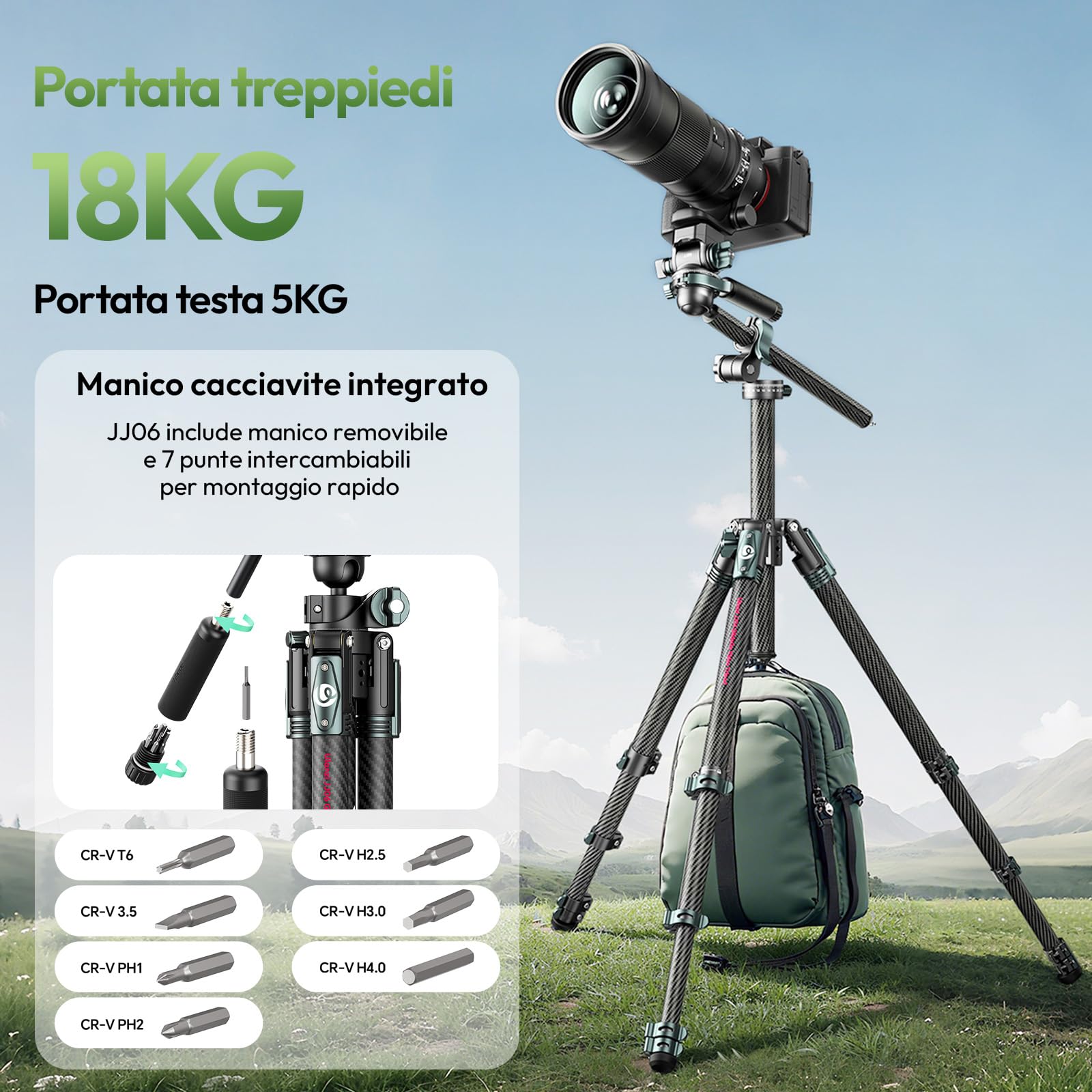 Ulanzi JJ06 GlideGo Treppiede da viaggio in Fibra di Carbonio, Pan&-50°/+60° Tilt Pan, Pesa 1.76kg, Portata 18kg, Altezza 187cm, Uka quick release, Compatto cavalletto fotografico per DSLR/Mirrorless