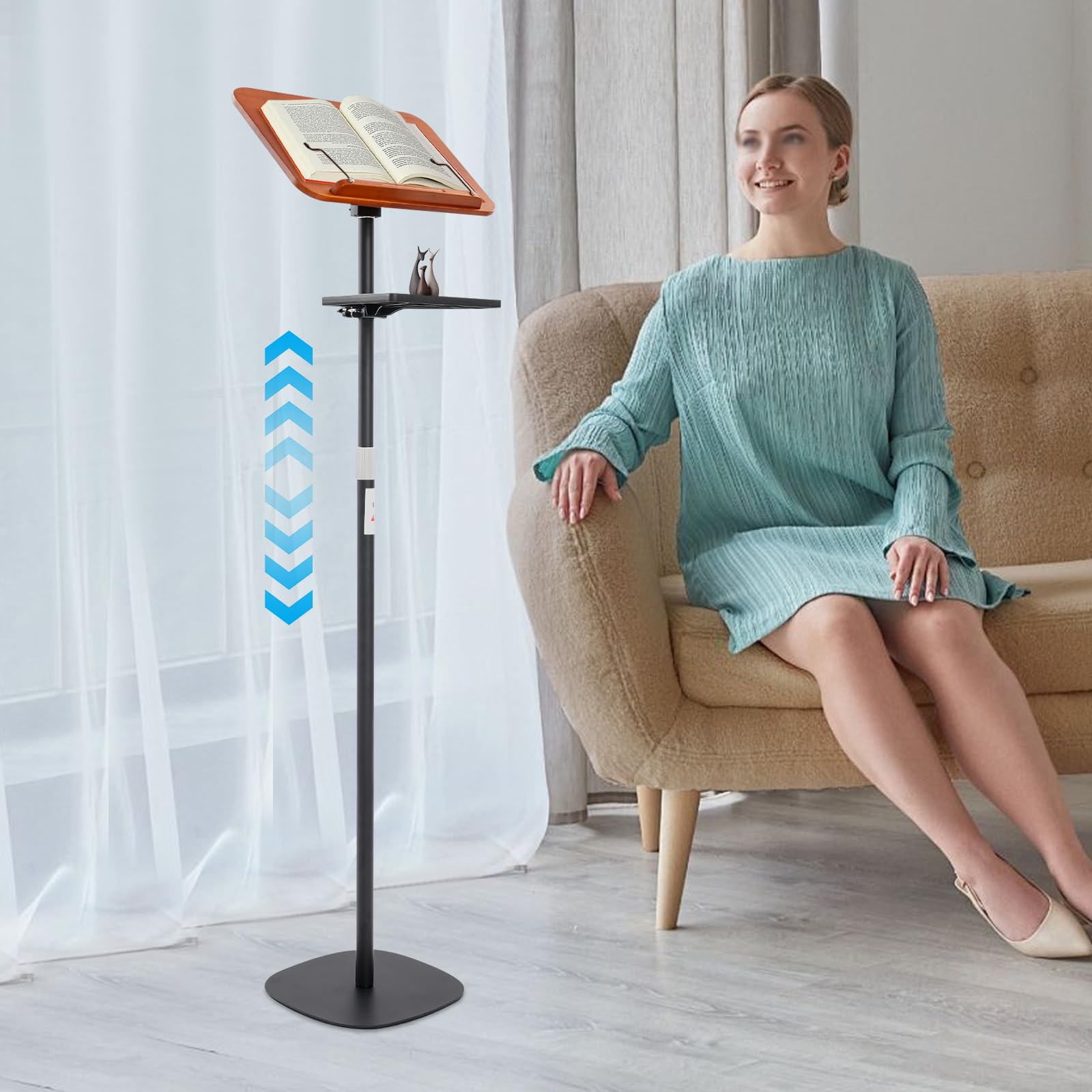 Wszechstronny stojak na książki, regulacja wysokości 108-142 cm, regulowany kąt 0-180°, ze stabilnym stojakiem podłogowym, stojak na nuty, stojący, projektor, do biura i domu