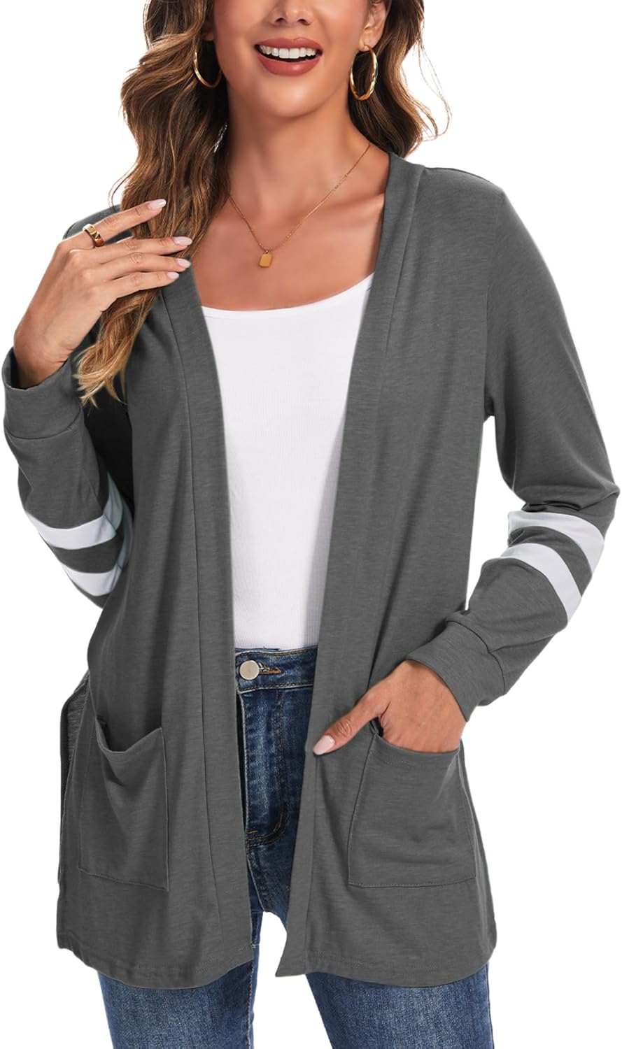 Lightweight Cardigan for Women Long Sleeve Valentine's Day Gifts Fall Cardigans with Pockets Open Front Sweater with Striped Sleeve Valentine's Day Gifts Dark Grey-S